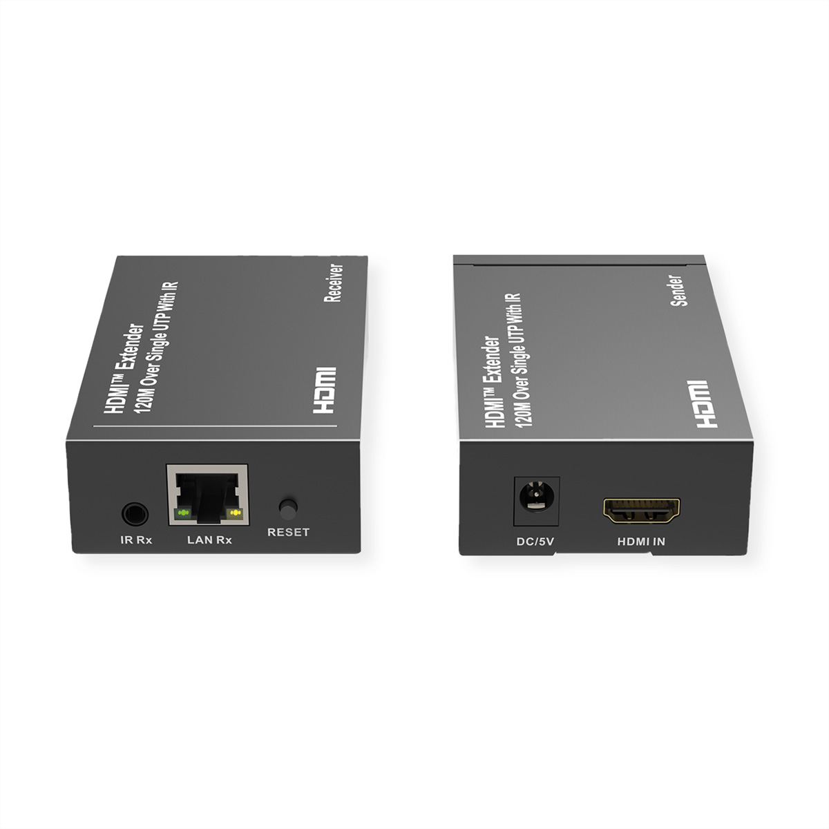 Zwei schwarze HDMI-Extender nebeneinander, mit Anschlüssen und Funktionen beschriftet, weißer Hintergrund.