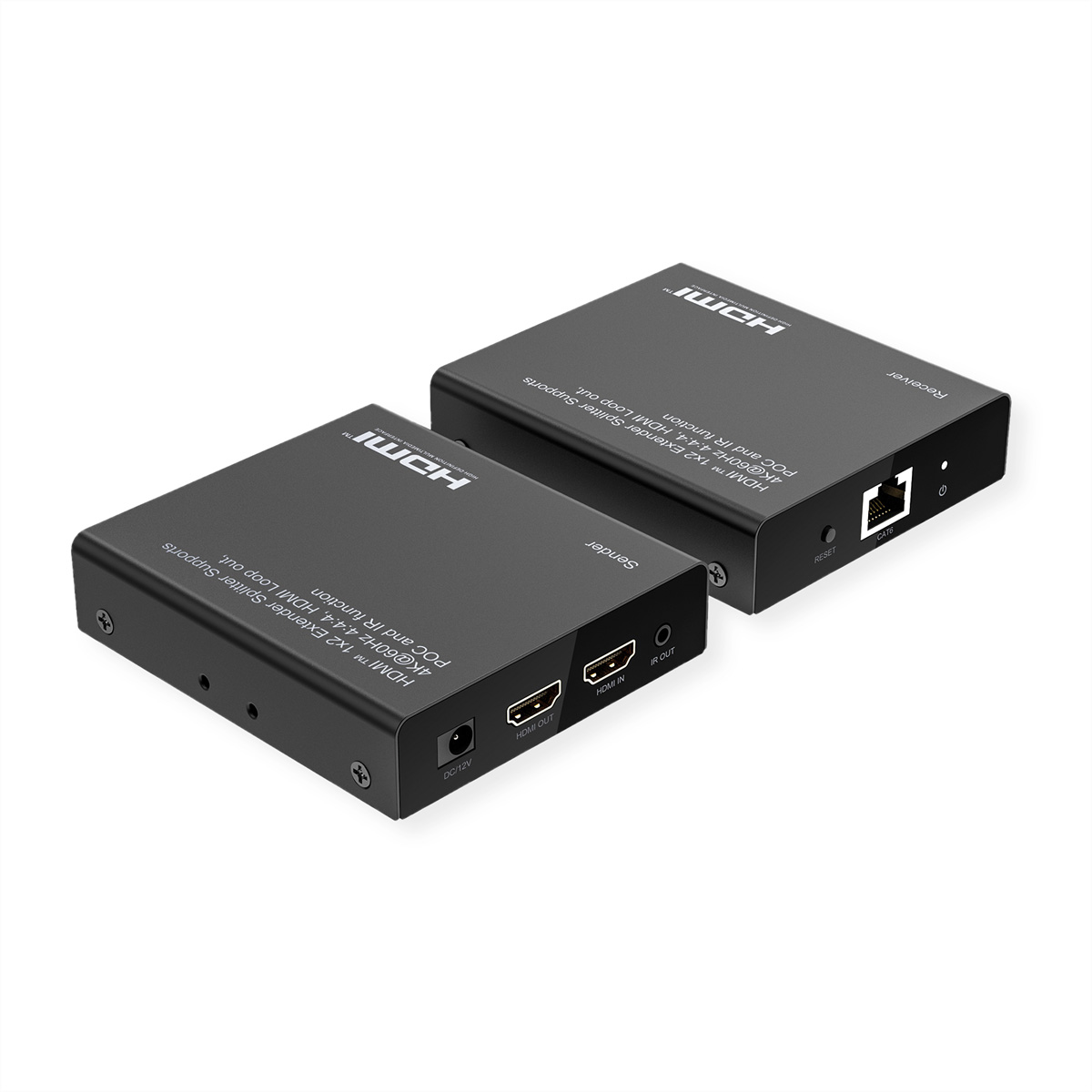 Due extender HDMI neri. Hanno porte per ingresso e uscita HDMI, con un ingresso di alimentazione CC.