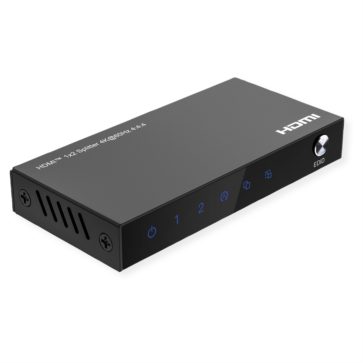 Een zwarte HDMI-splitter met verschillende poorten en LED-lampjes, tegen een witte achtergrond.