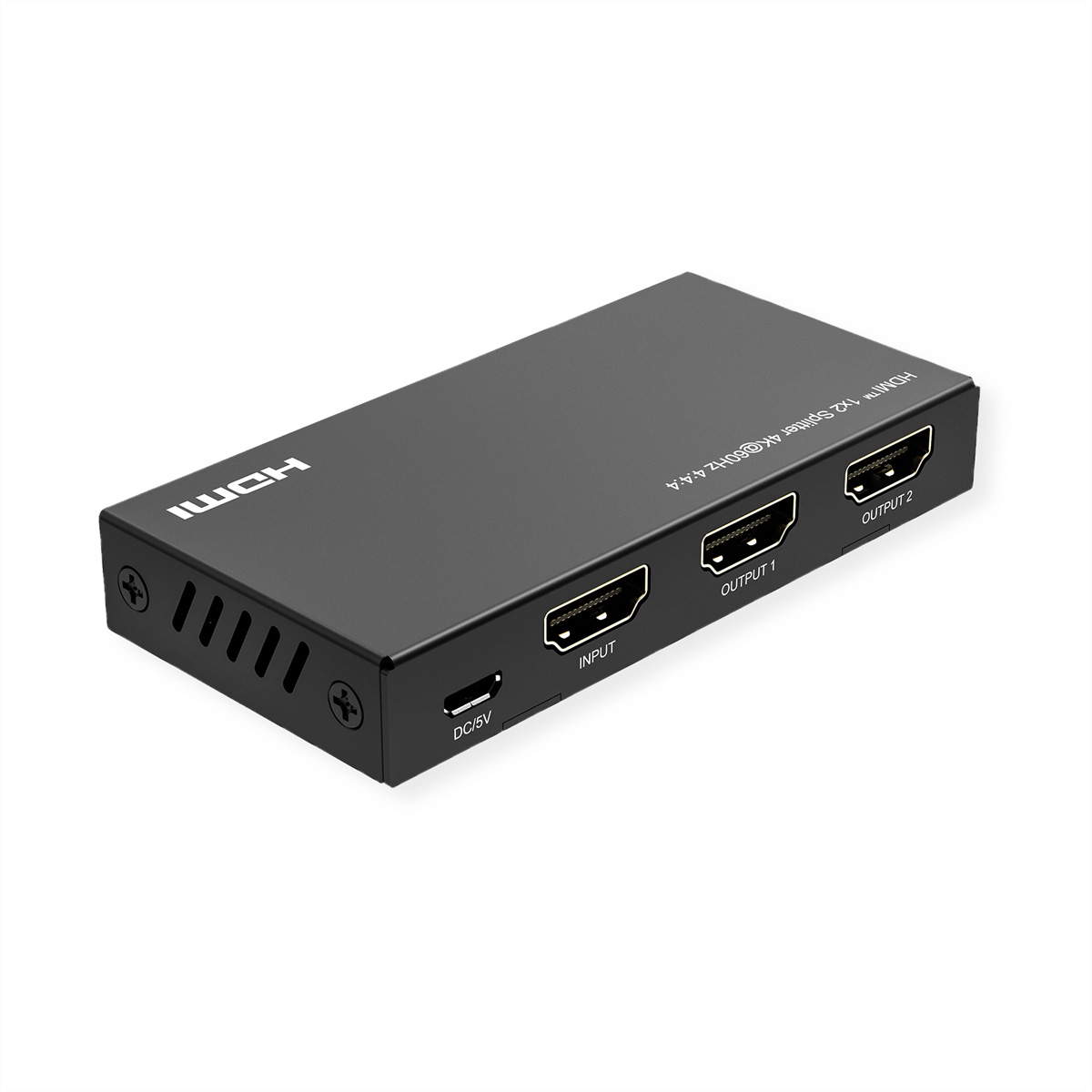 Zwarte HDMI-splitter met 3 poorten. Witte achtergrond.
