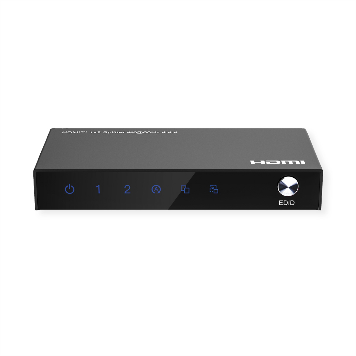 Zwarte HDMI-splitter met knoppen en poorten op een witte achtergrond. Het apparaat heeft 'HDMI'-tekst.