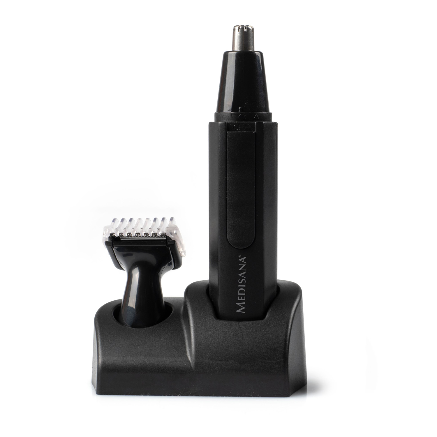 Zwarte neushaartrimmer met een oplaadbasis en een kleine trimmer. Heeft een Medisana-logo.
