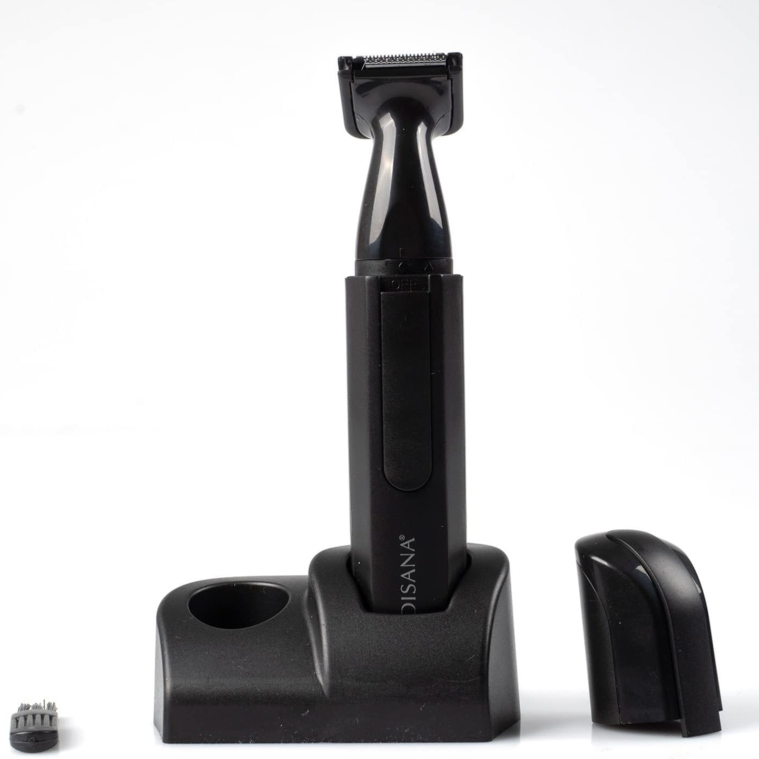 Een zwarte trimmer met een basis en een kleine borstel, gepresenteerd op een witte achtergrond.