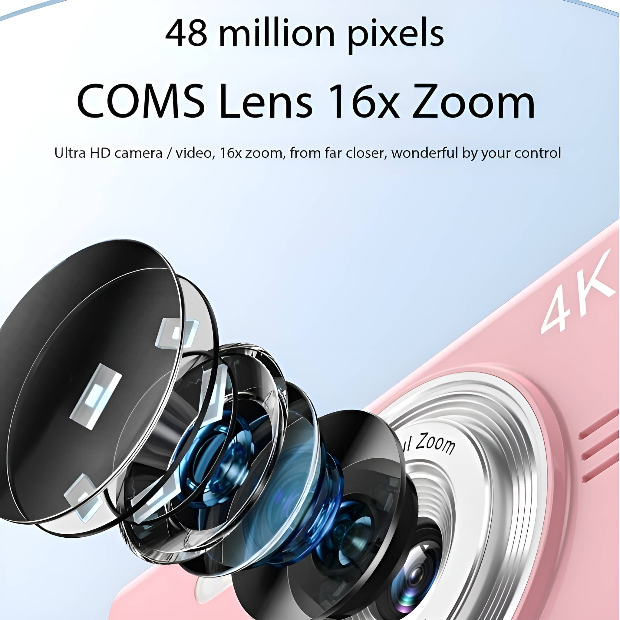 Eine rosa Kamera mit getrennten Linsenelementen. Text: 48 Millionen Pixel, 16x Zoom und '4K'.