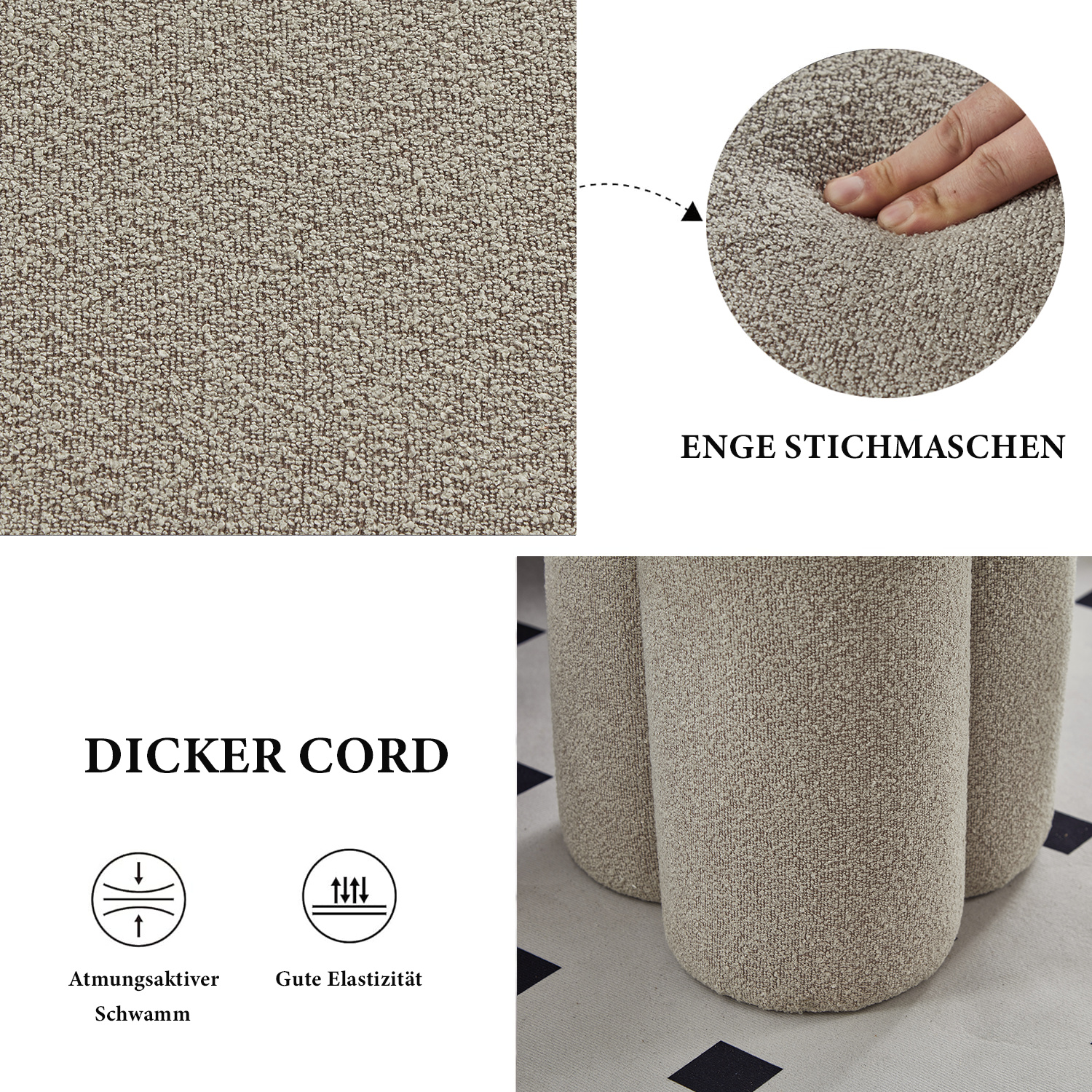 Nahaufnahme eines strukturierten Stoffes, eine Hand, die ihn drückt, und ein dreibeiniger Hocker. Text über den Stoff.