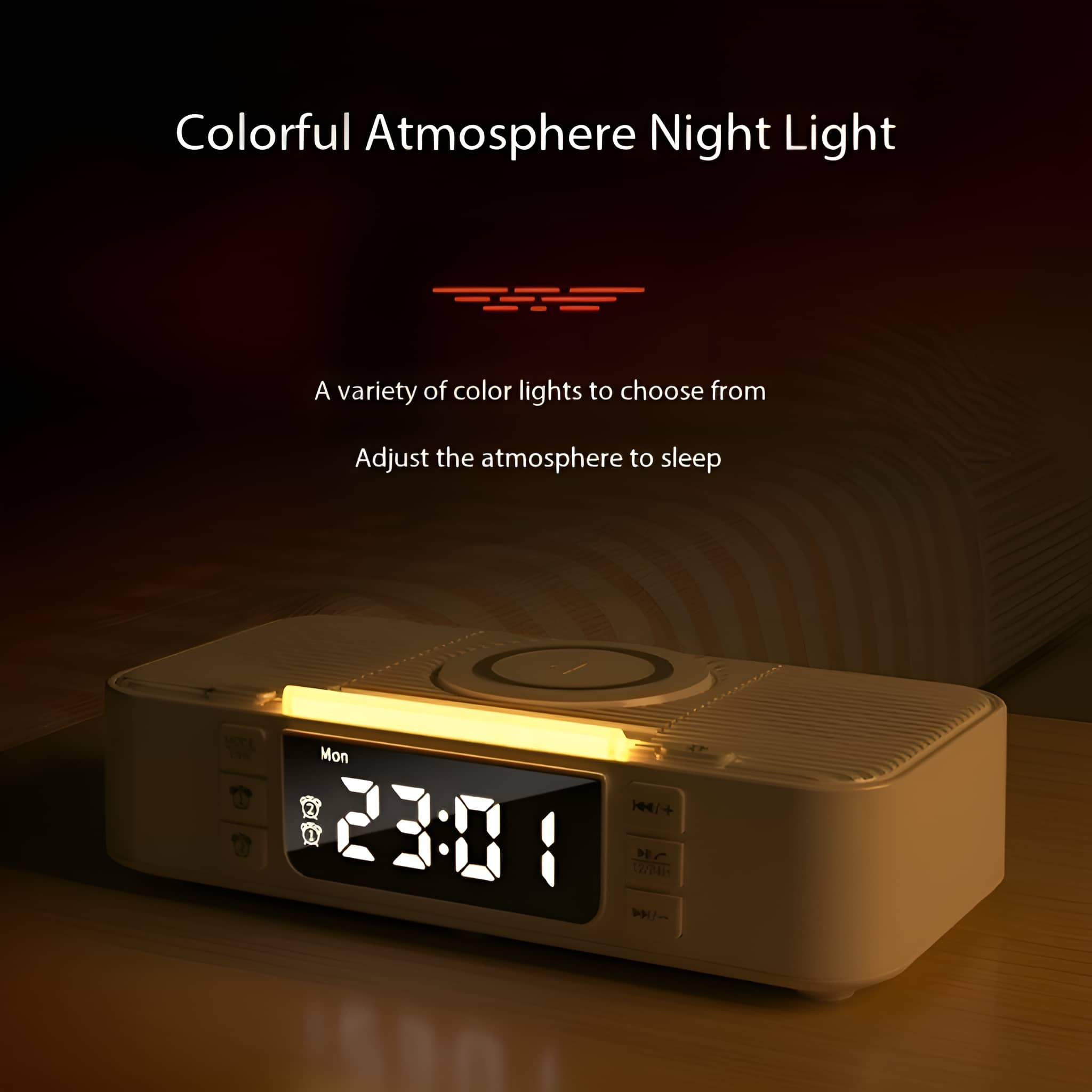 Ein weißes Nachtlicht mit Digitaluhr, die 23:01 anzeigt, mit Knöpfen und einem Lautsprecher oben.