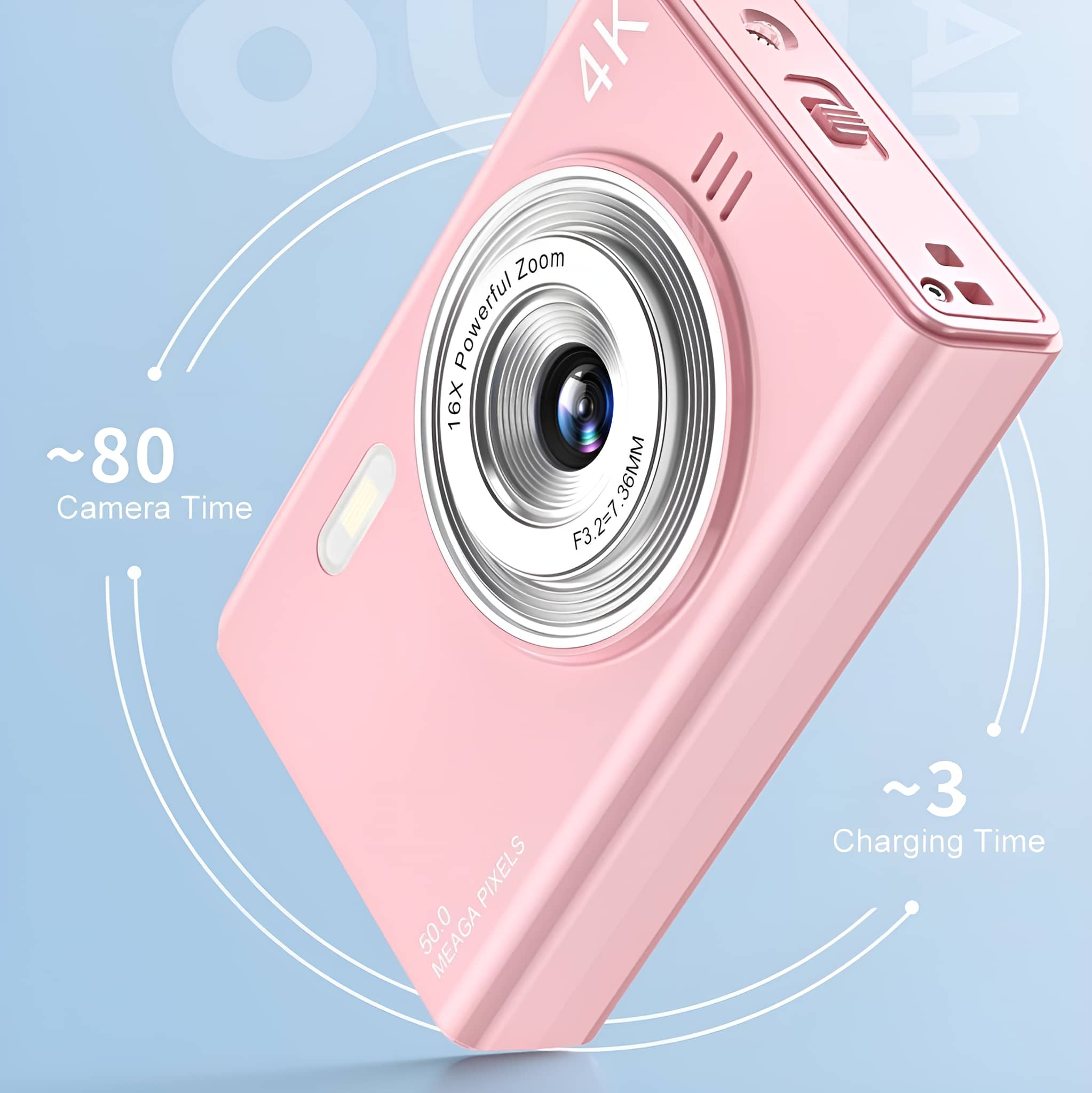 Eine rosa Kamera in einem Winkel. Text zeigt die Funktionen der Kamera. Es gibt einen 4K-Zoom und Ladezeit.