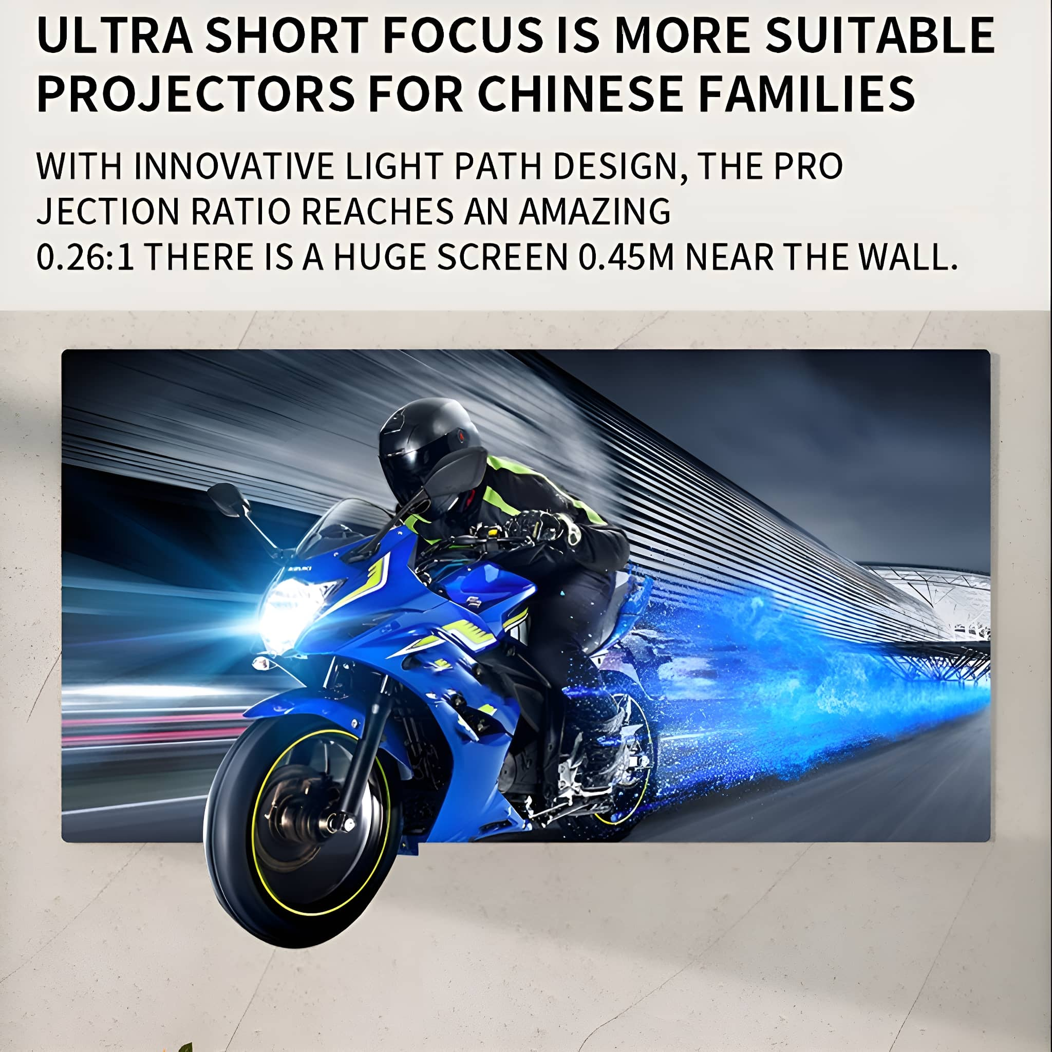 Ein Motorrad, das auf einer projizierten Leinwand fährt. Das Bild zeigt einen Biker auf einem blauen Motorrad.