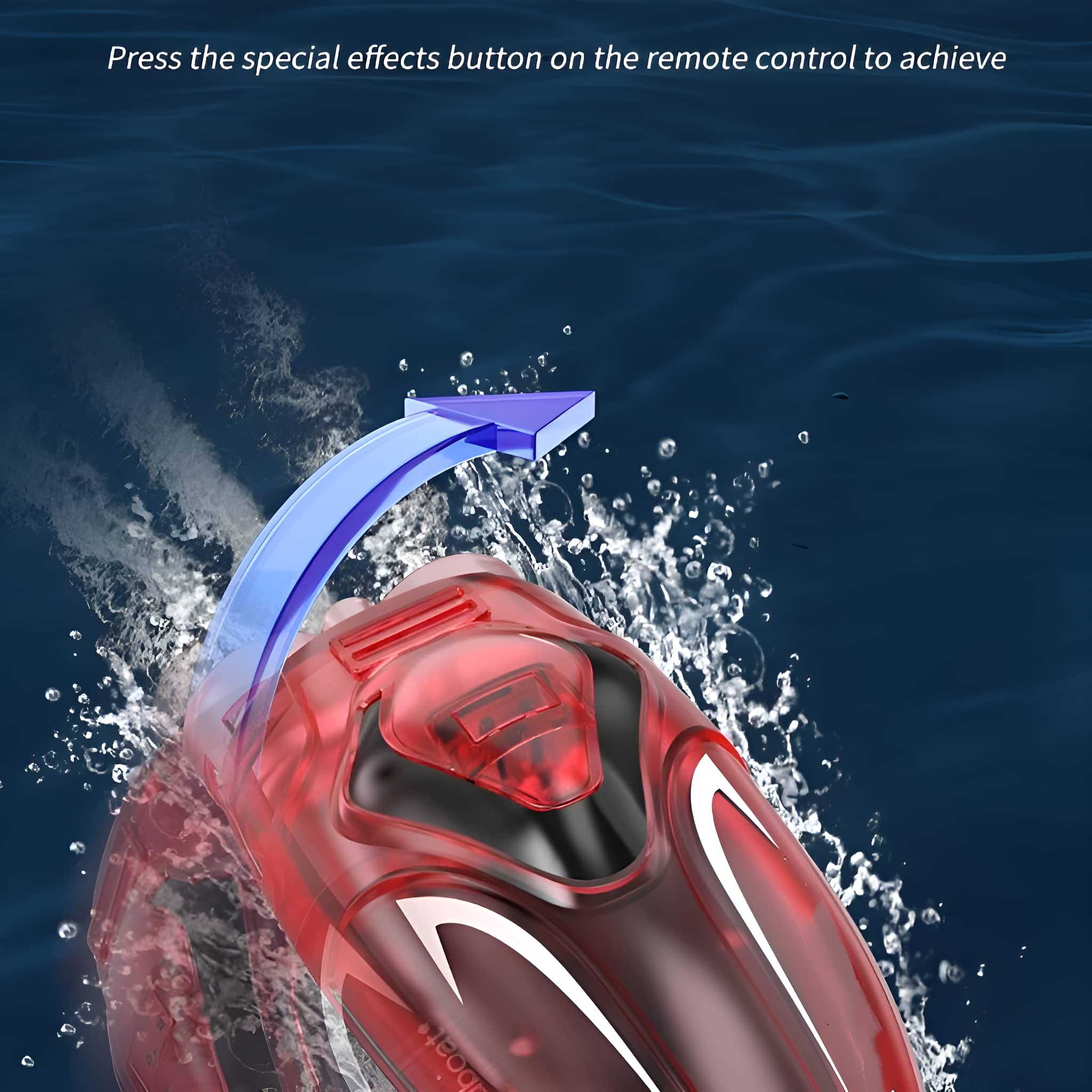 Eine rote Unterwasserleuchte emittiert Wasser. Ein Pfeil zeigt einen blauen Lichteffekt für das Gerät.