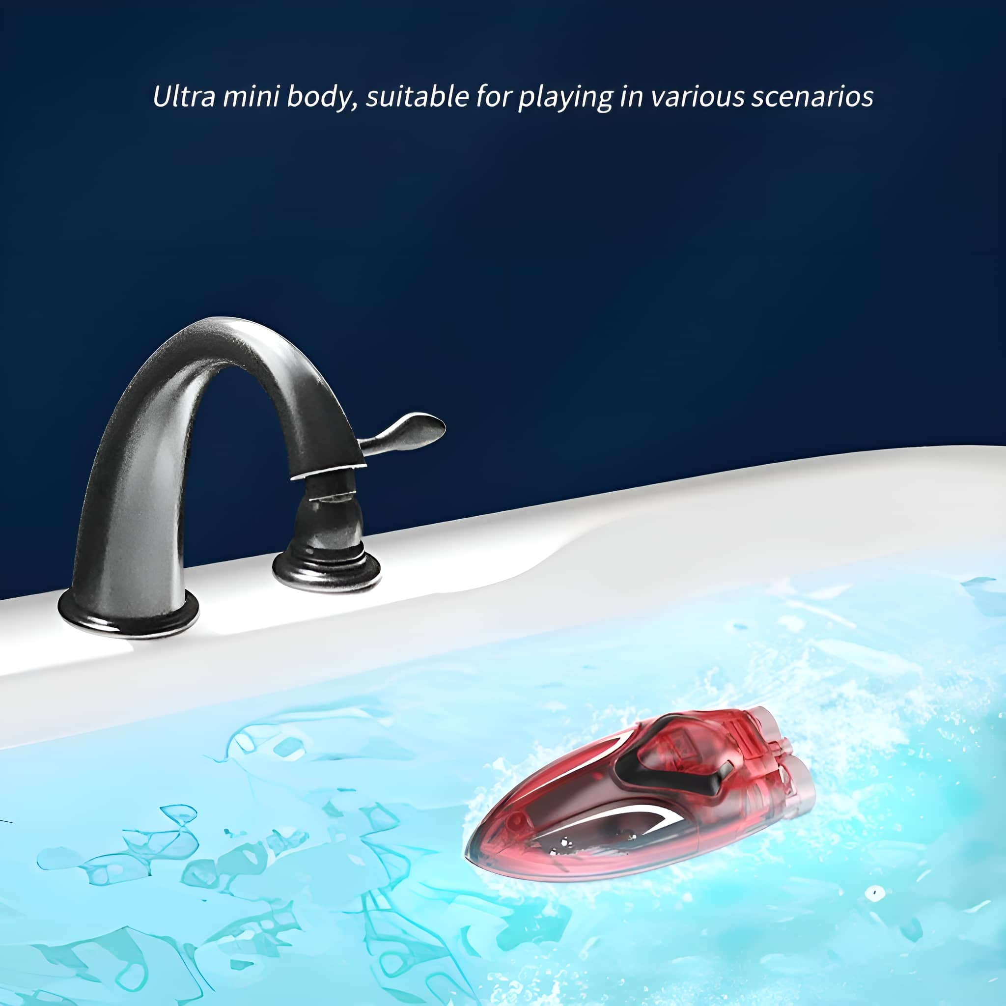 Ein rotes Spielzeugboot im Wasser, in der Nähe eines Wasserhahns. Das Boot hat einen blauen Deckel.