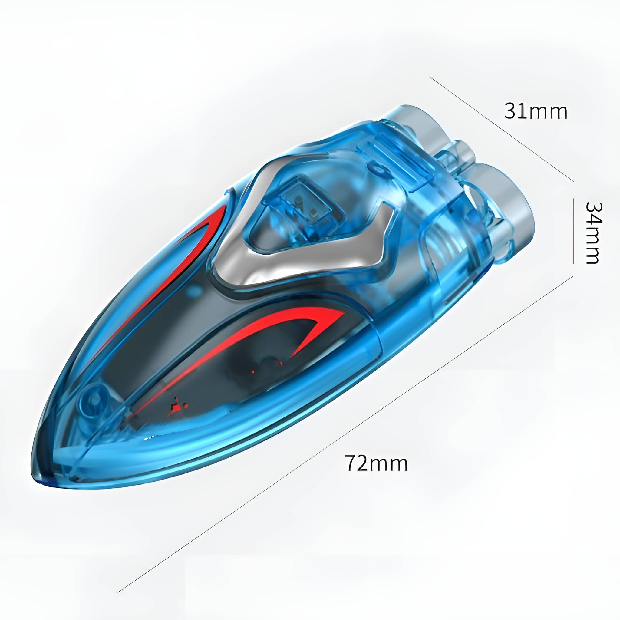 Ein kleines, blaues Spielzeugboot mit roten Akzenten, mit Abmessungen in Millimetern angezeigt.