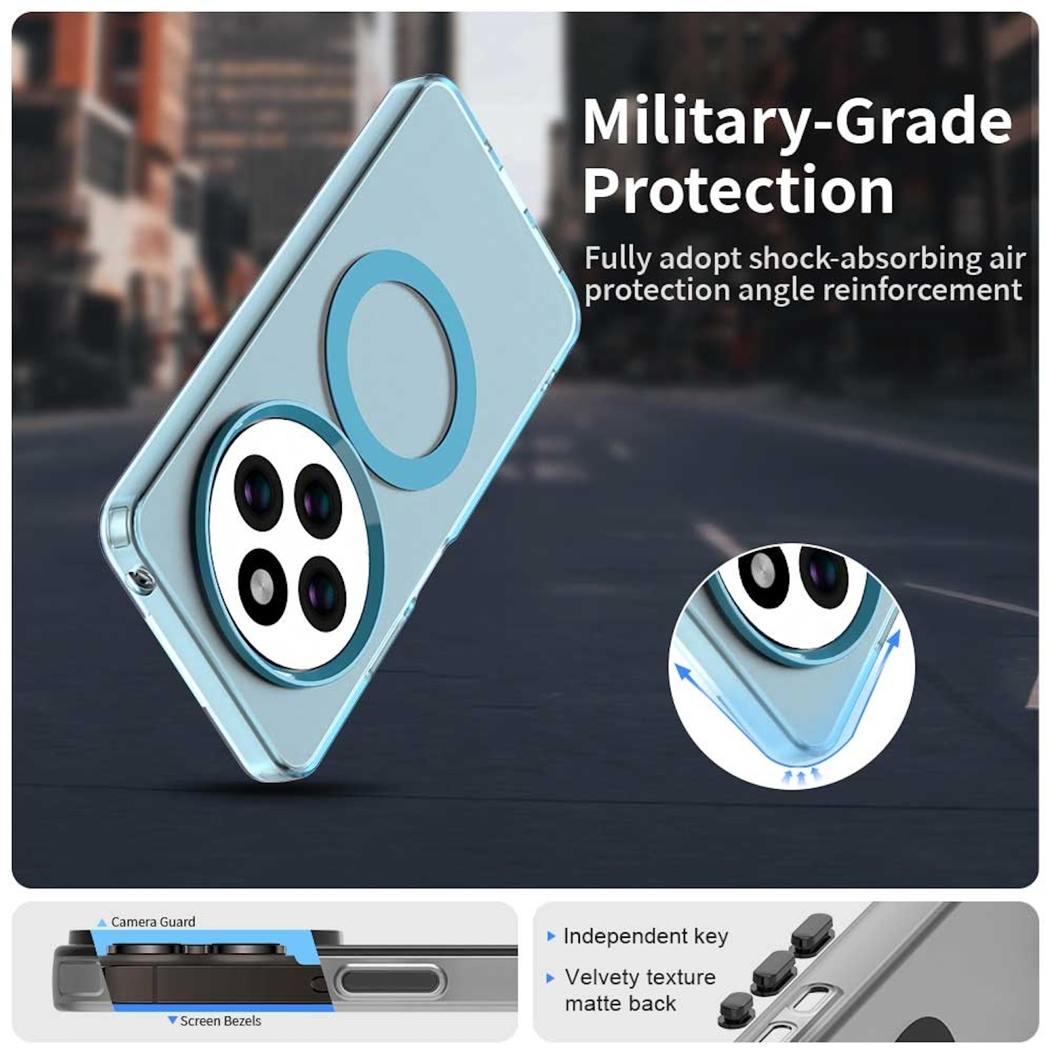 Una funda para teléfono con módulo de cámara y anillo. Texto: Protección militar.