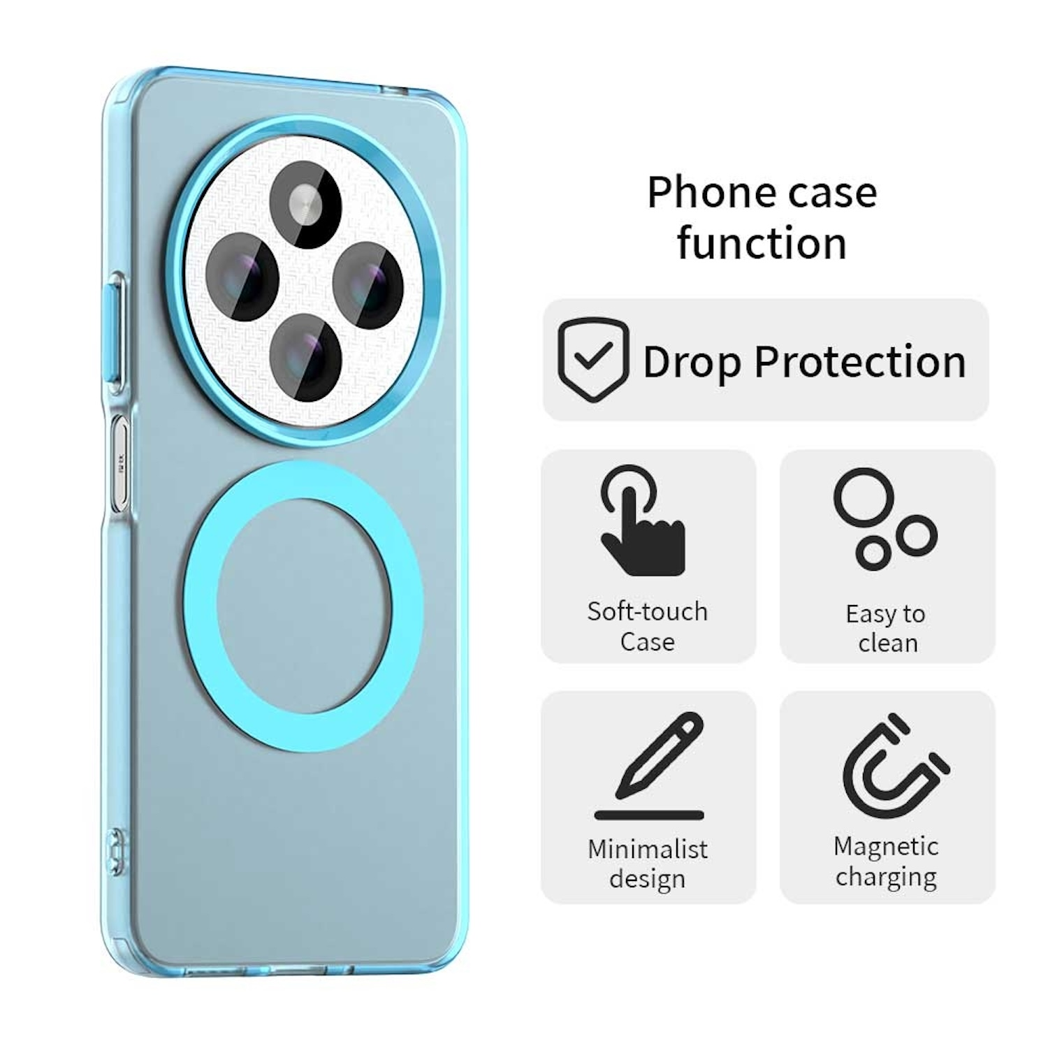 Una funda de teléfono azul claro con un anillo azul claro. Tiene protección contra caídas, es suave y fácil de limpiar.