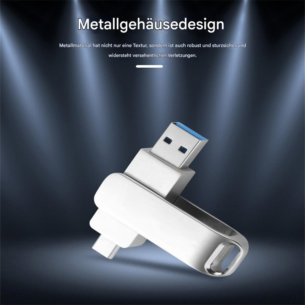 Silberner USB-Stick mit blauem Anschluss auf dunklem Hintergrund. Text sagt 'Metallgehäusedesign'.