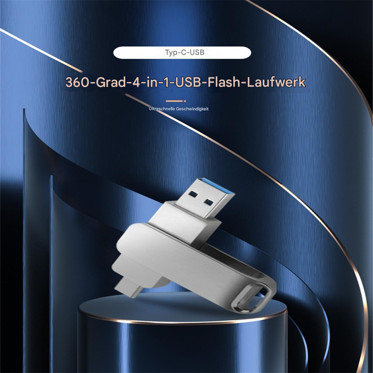 Silberner USB-Stick mit blauem USB-Anschluss, vor einem blauen Hintergrund.