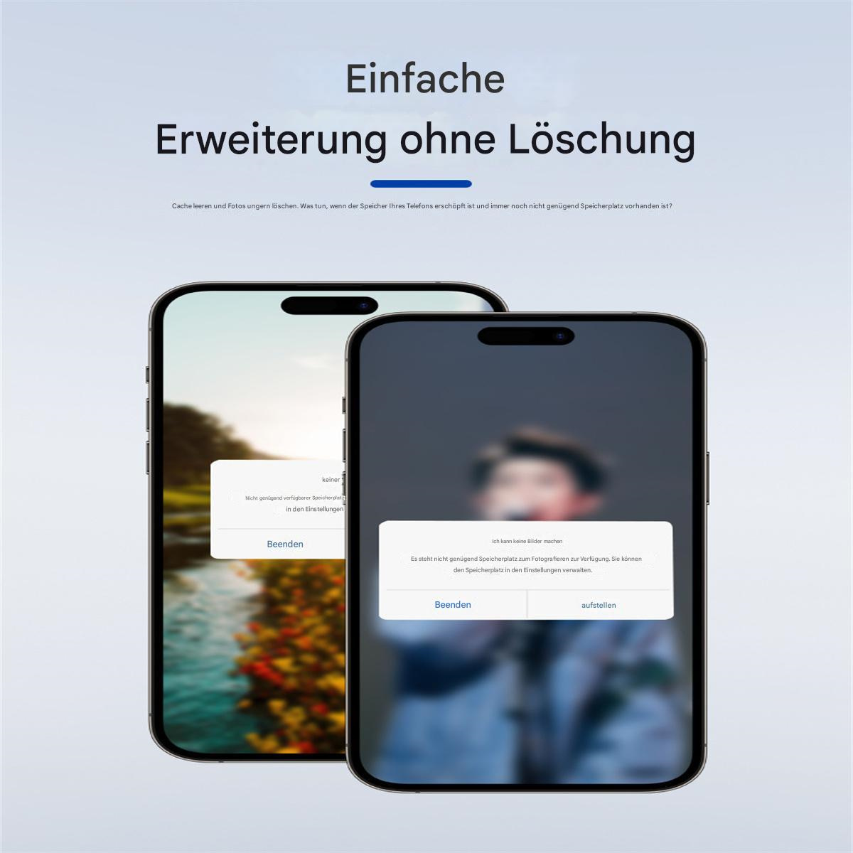 Zwei Smartphones mit verschwommenen Bildschirmen und ein Text auf Deutsch über Speicher und Optionen.