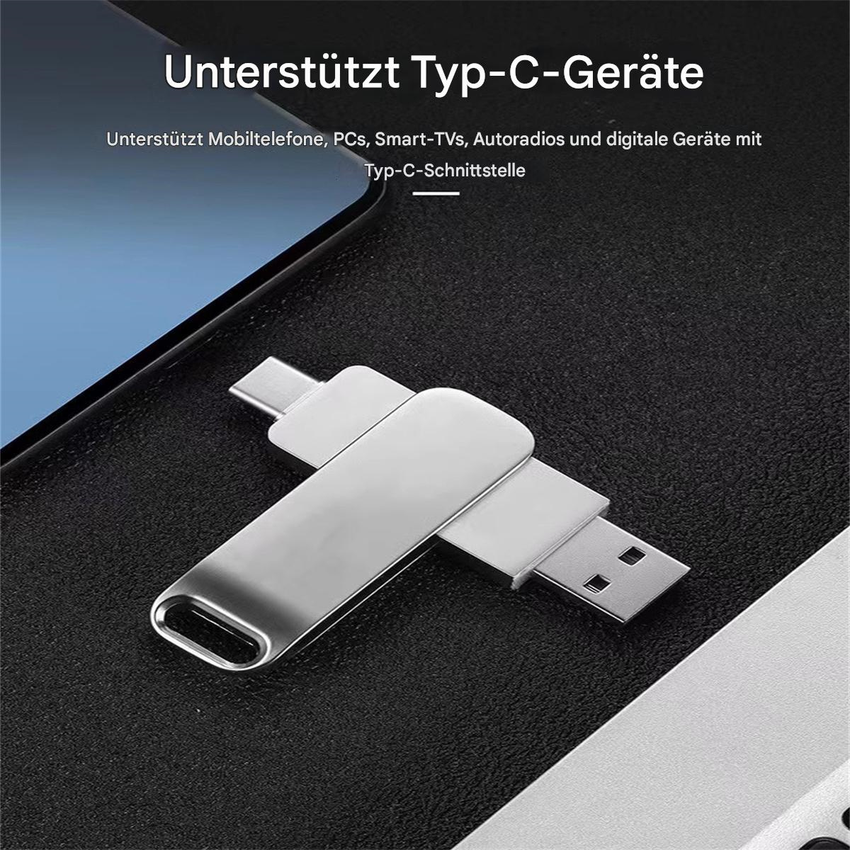 Silberner USB-Stick, USB-A- und USB-C-Anschlüsse.