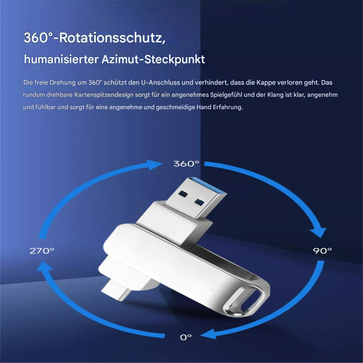 Silberner USB-Stick mit Rotationsdesign, Pfeile zeigen 360-Grad-Drehung an.