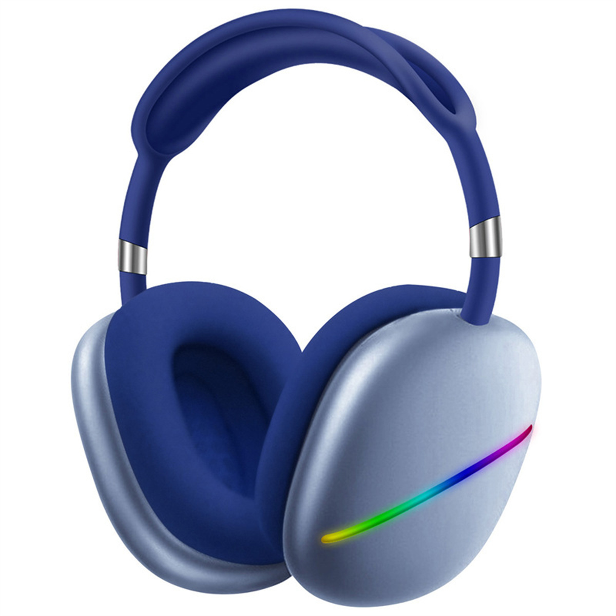 Blaue und silberne Kopfhörer mit einem Regenbogen-Lichtbalken am Ohr.