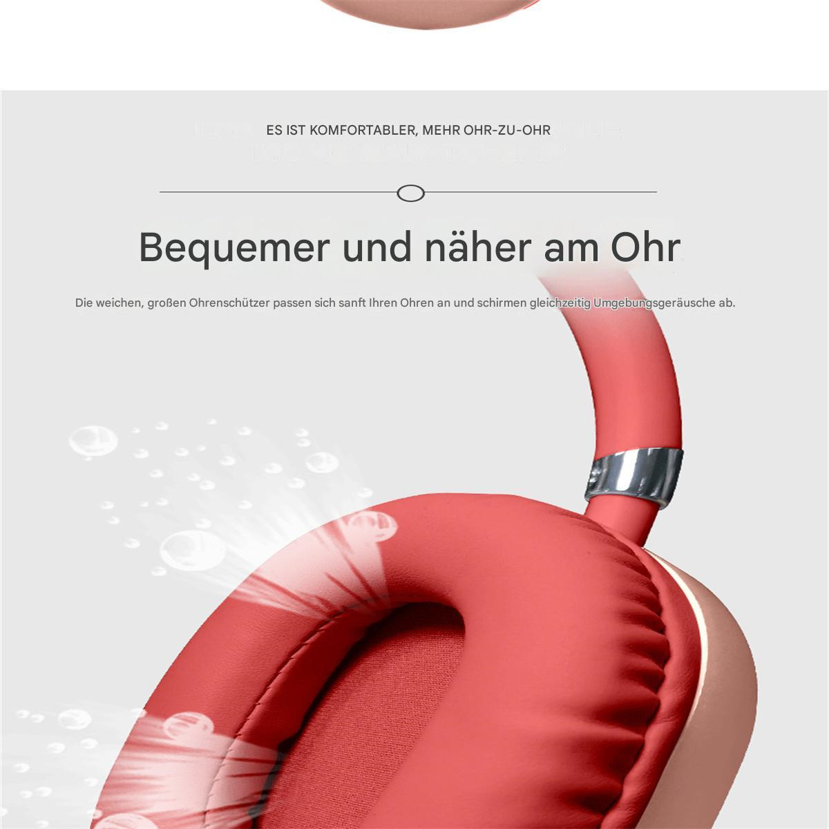 Rote Kopfhörer mit weichem Ohrmuscheldesign, mit Text.