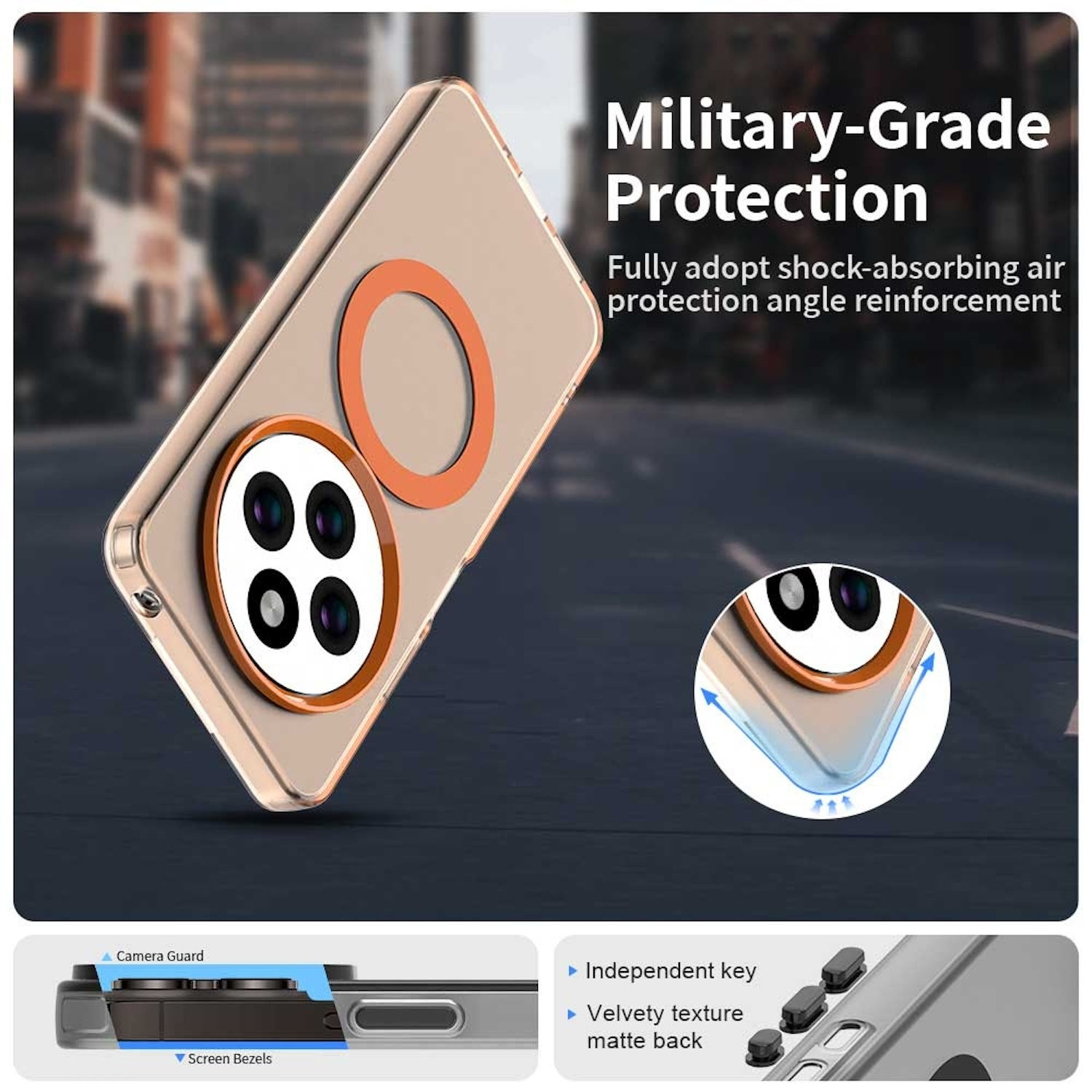 Handyhülle mit Ring, Text: 'Military-Grade Protection'.