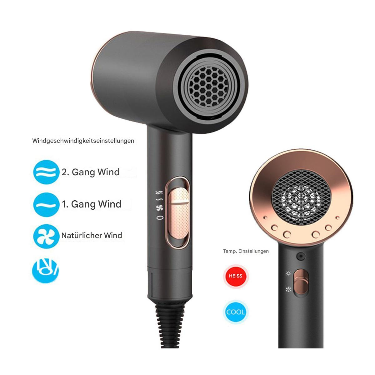 Schwarzer und bronzefarbener Haartrockner mit Wind- und Heizeinstellungen. Zwei Ansichten. Weißer Hintergrund.