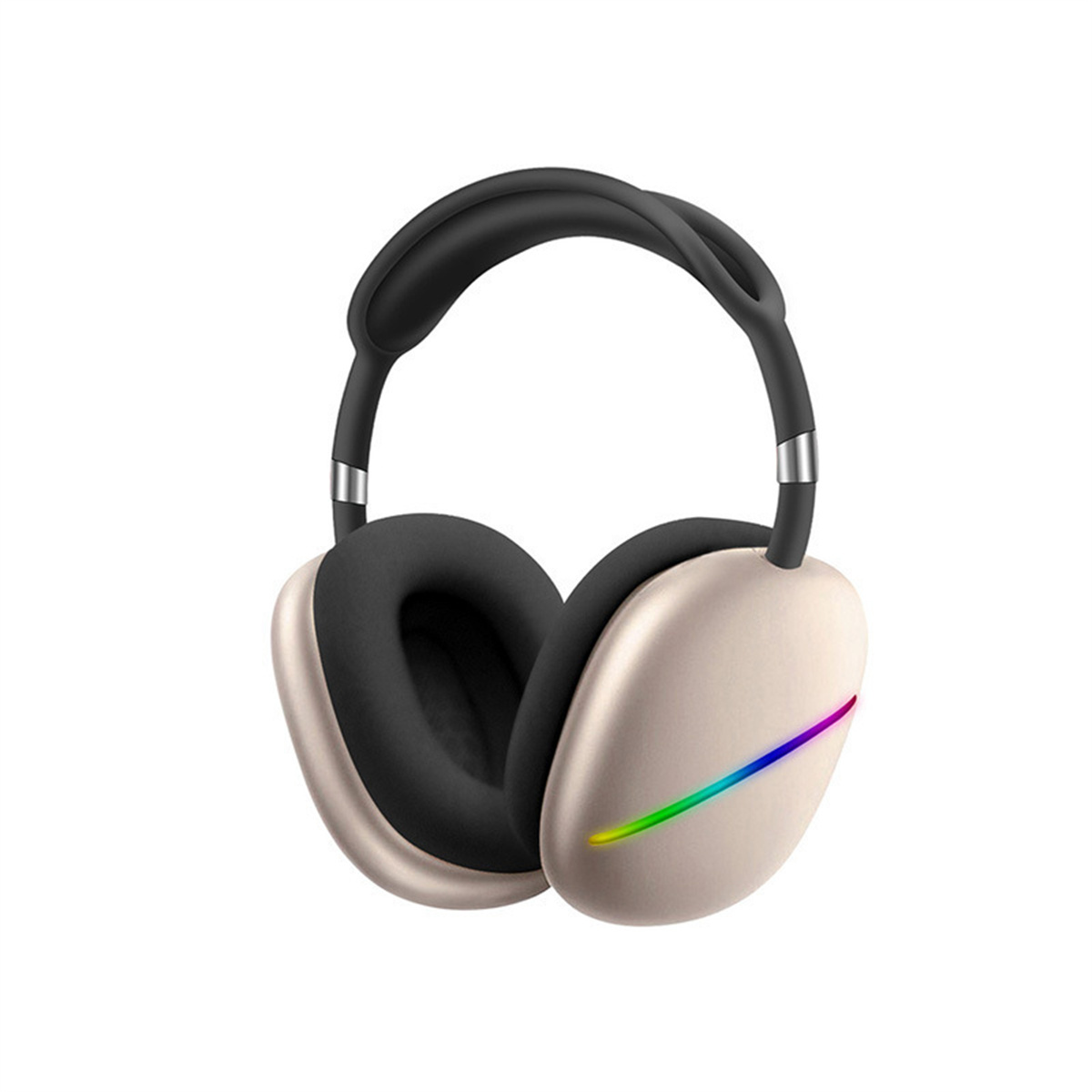 Beige Kopfhörer mit schwarzen Ohrmuscheln und einem regenbogenfarbenen Streifen an der Seite.