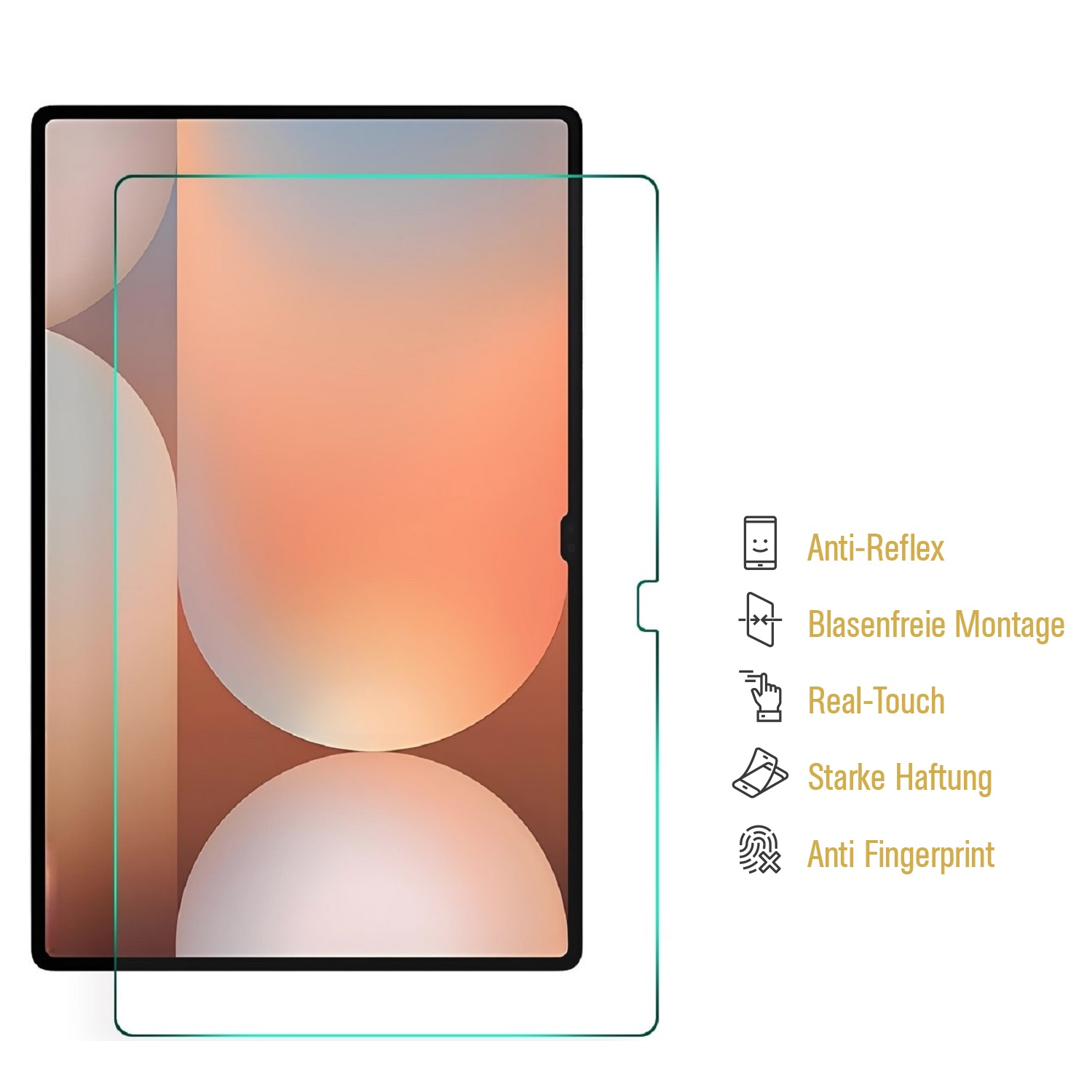 Tablet mit angebrachtem Displayschutz, zeigt Funktionen.