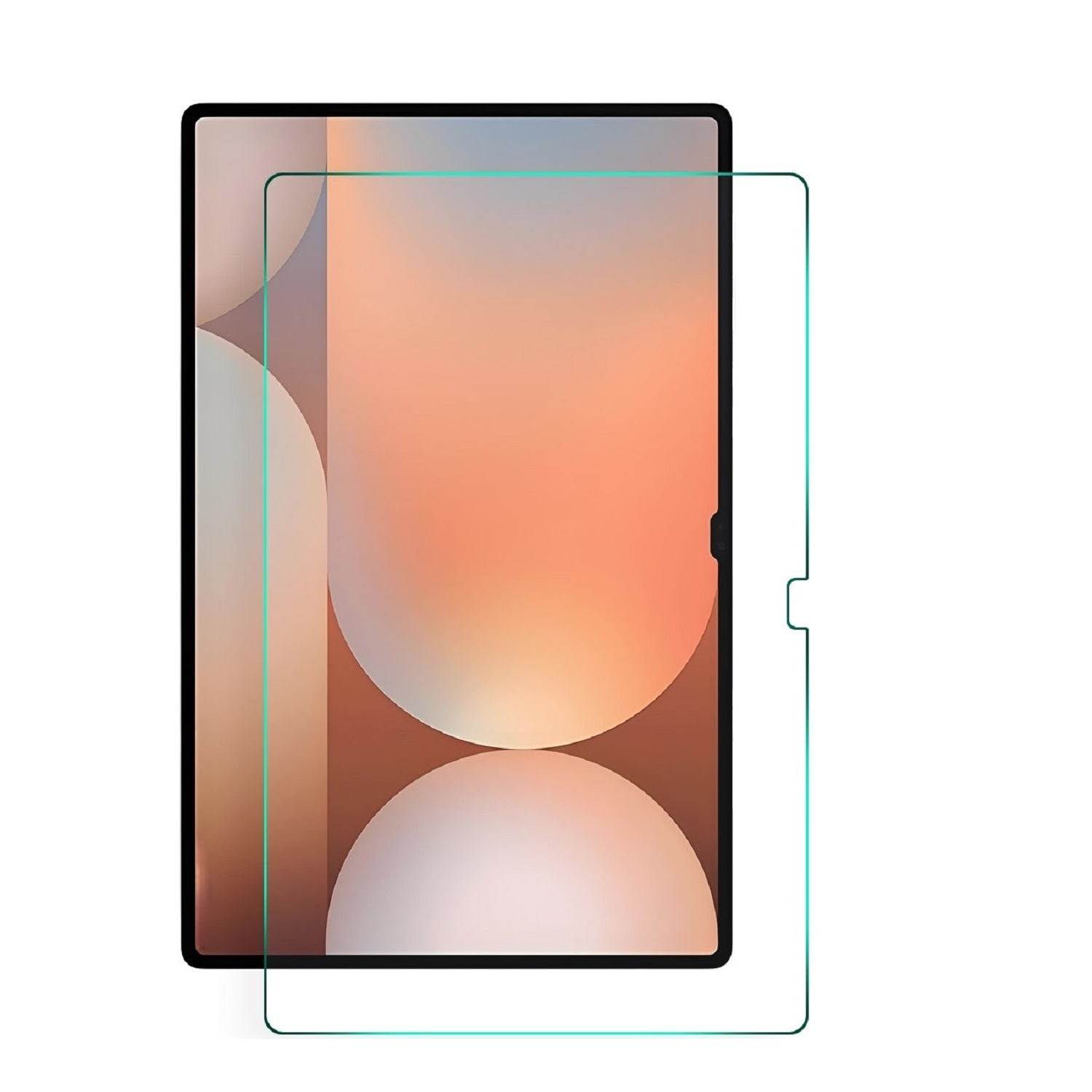Ein klarer Displayschutz auf einem Tablet. Der Schutz hat eine grüne Umrandung und einen Ausschnitt für eine Taste.