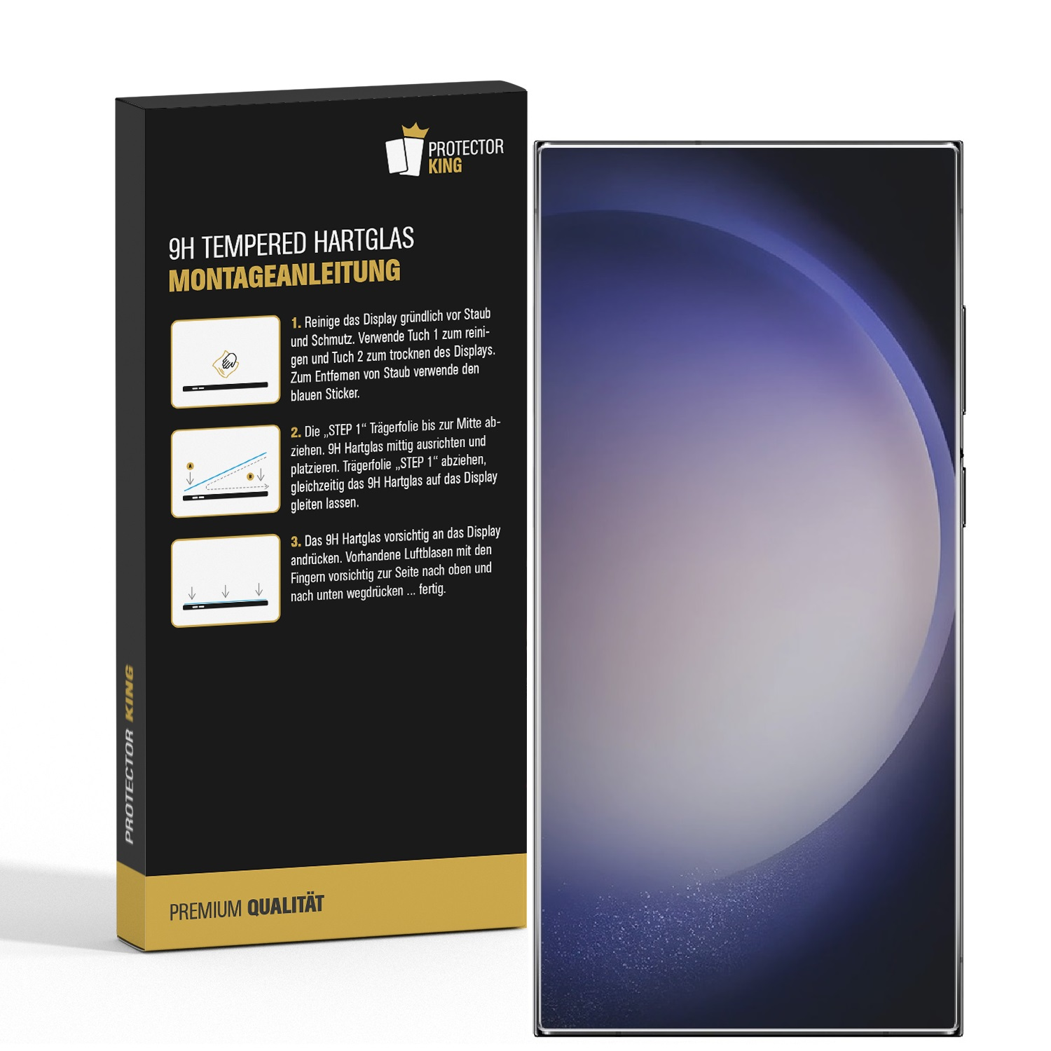 Ein Displayschutz mit Telefon und Verpackung mit Anweisungen.