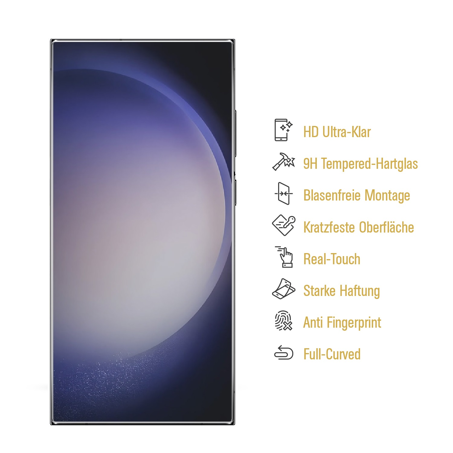 Ein Smartphone-Bildschirmschutz mit aufgelisteten Funktionen: HD Ultra-Clear, 9H gehärtetes Glas und mehr.