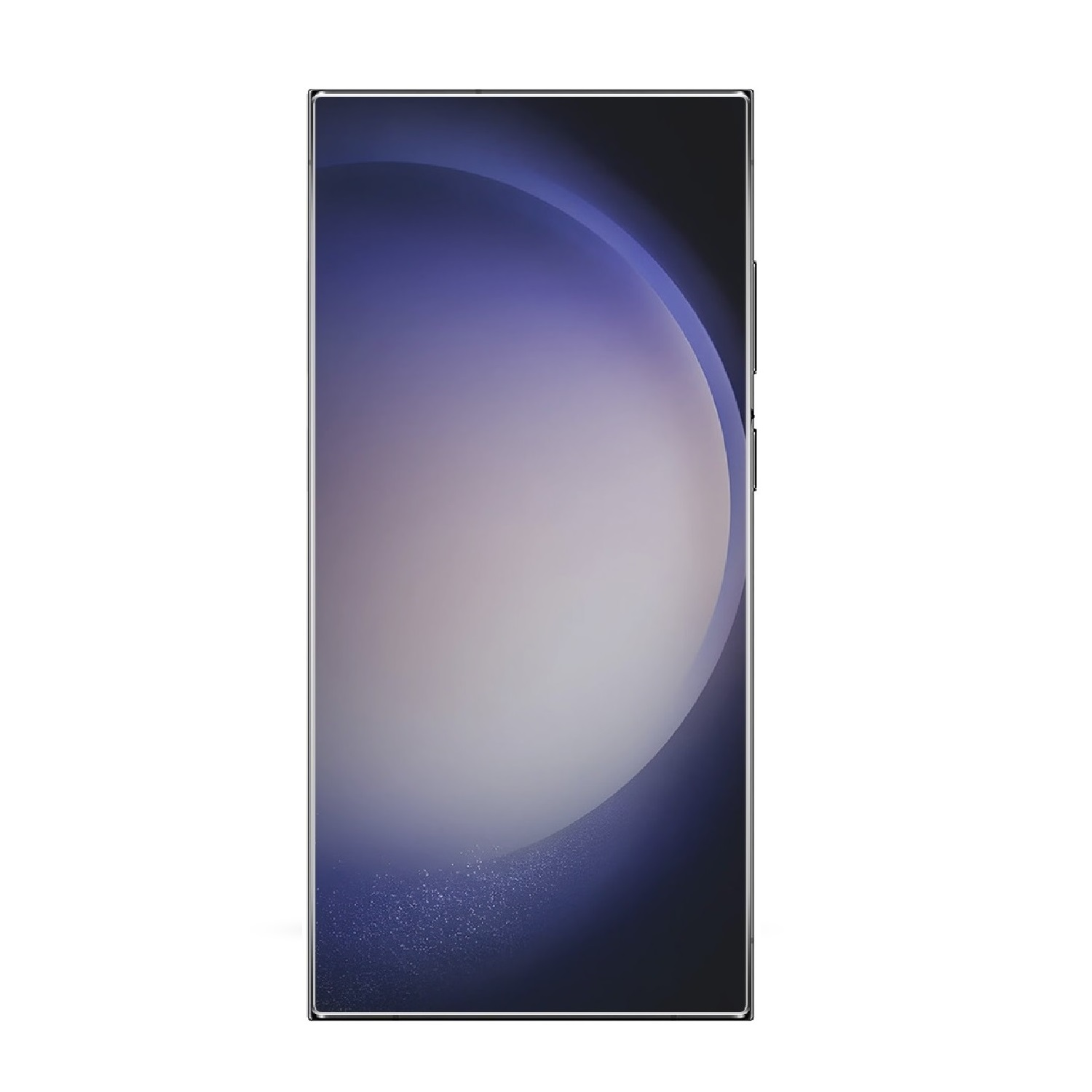 Ein Smartphone-Bildschirm zeigt einen blau-lila Farbverlauf. Das Telefon hat einen silbernen Rahmen und Seitentasten.