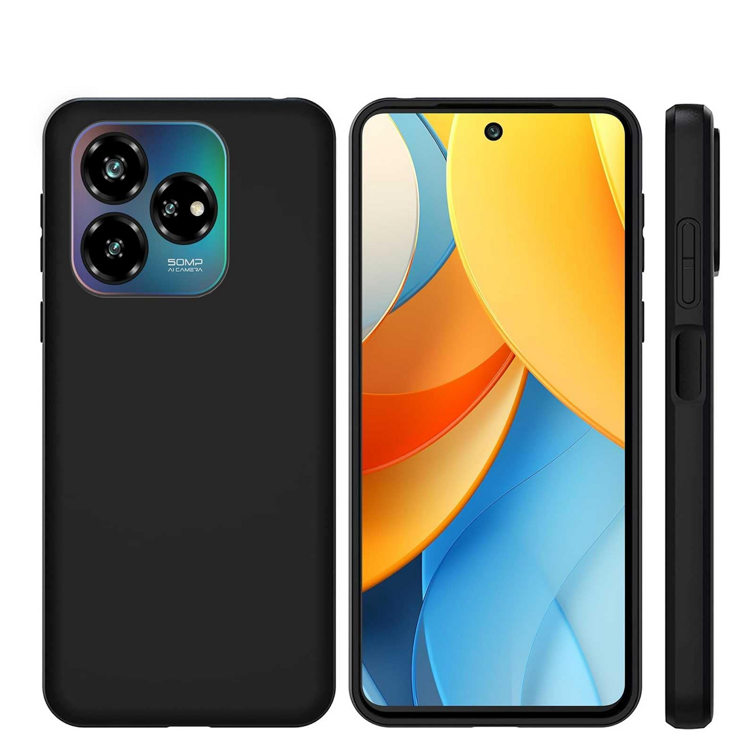 Schwarzes Telefon mit gelbem Hintergrund auf dem Bildschirm und mehreren Kameralinsen. Weißer Hintergrund.