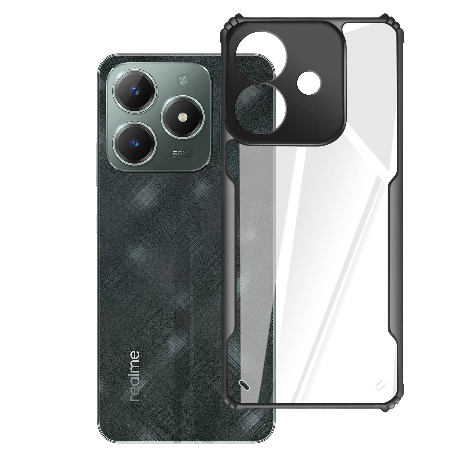Custodia per telefono con telefono all'interno. La custodia è nera e trasparente, con un retro decorativo.