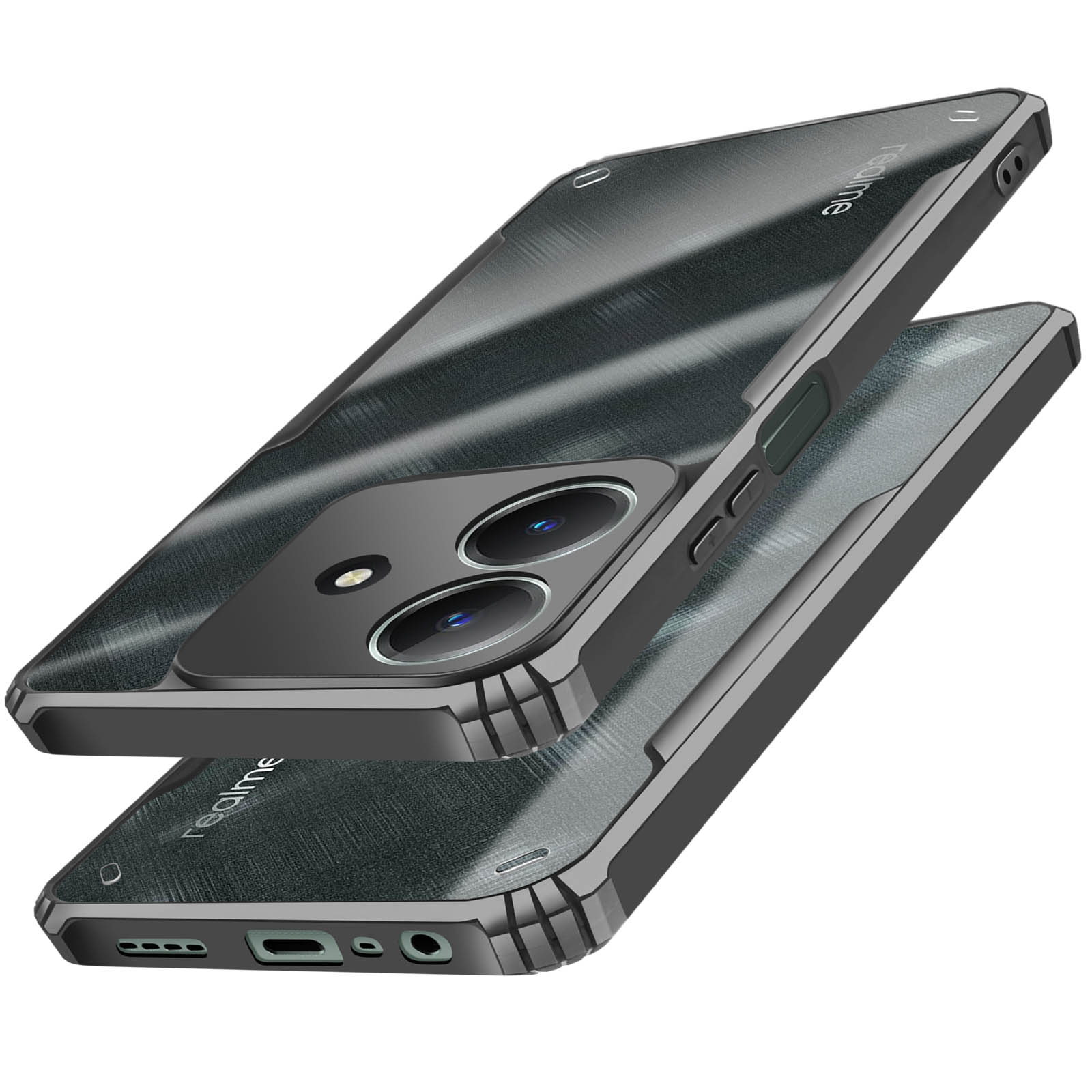 Una custodia nera per telefono con retro trasparente, che mostra il design del telefono.