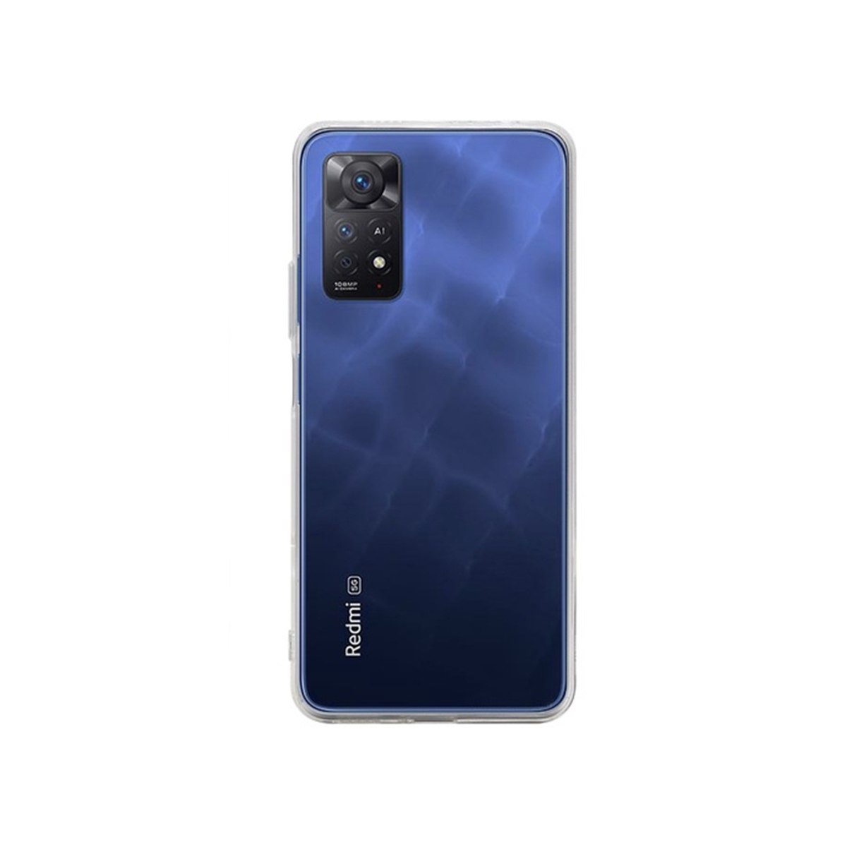 Un telefono cellulare con un design a marmo blu, una custodia trasparente e una tripla fotocamera.
