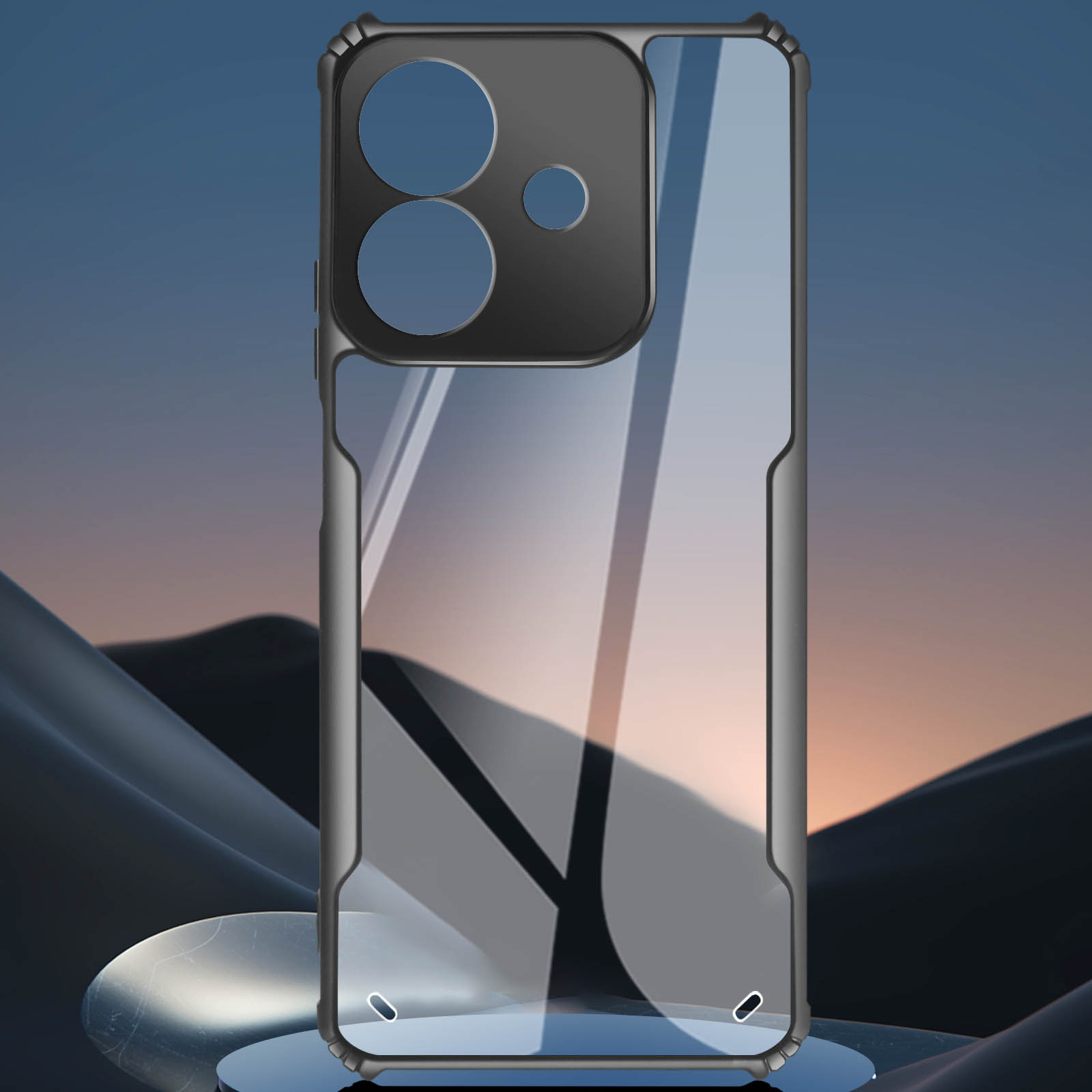 Una custodia per cellulare con retro trasparente e cornice nera, su uno sfondo sfocato e scuro.