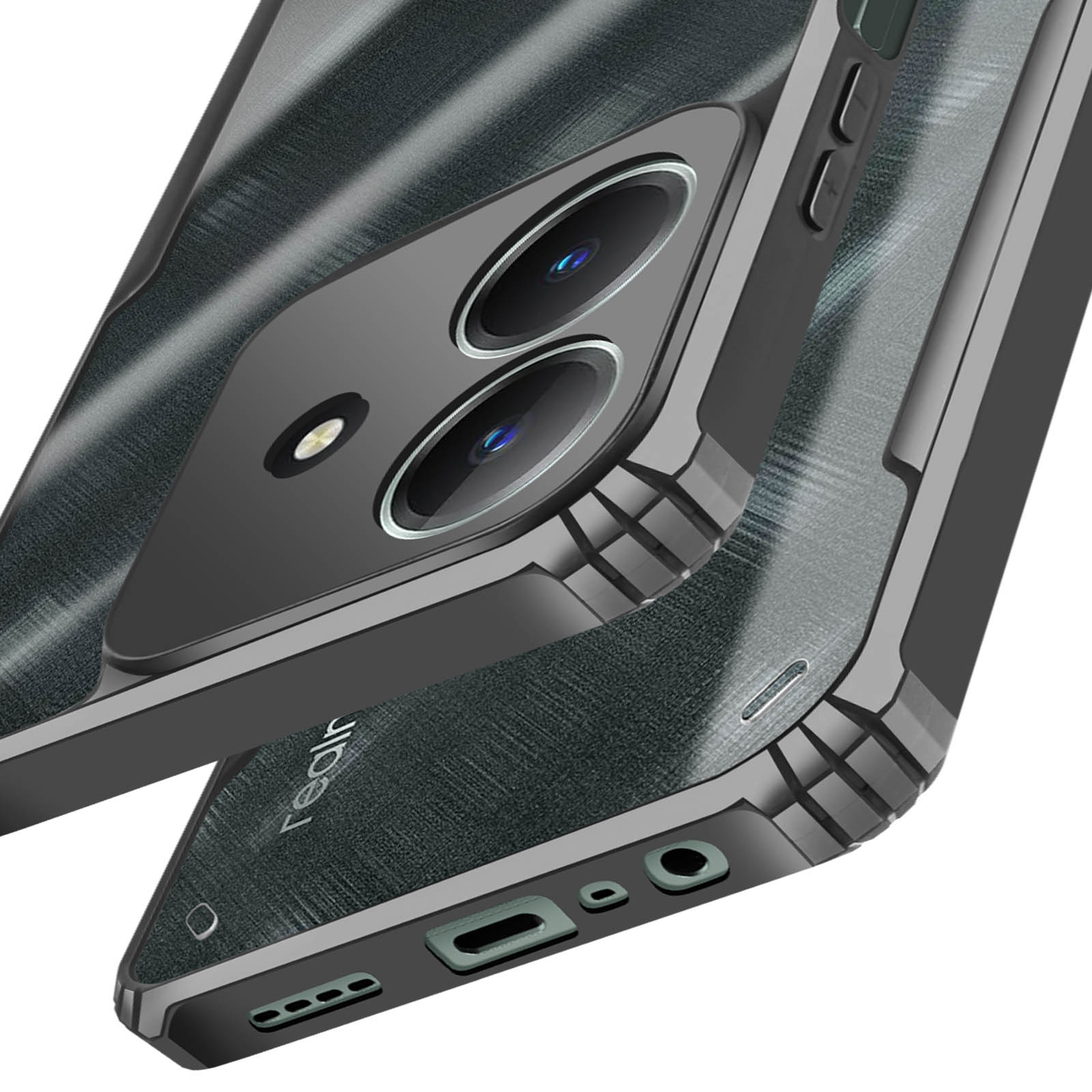 Primo piano di una custodia per telefono con l'area della fotocamera visibile. La custodia è grigio scuro.