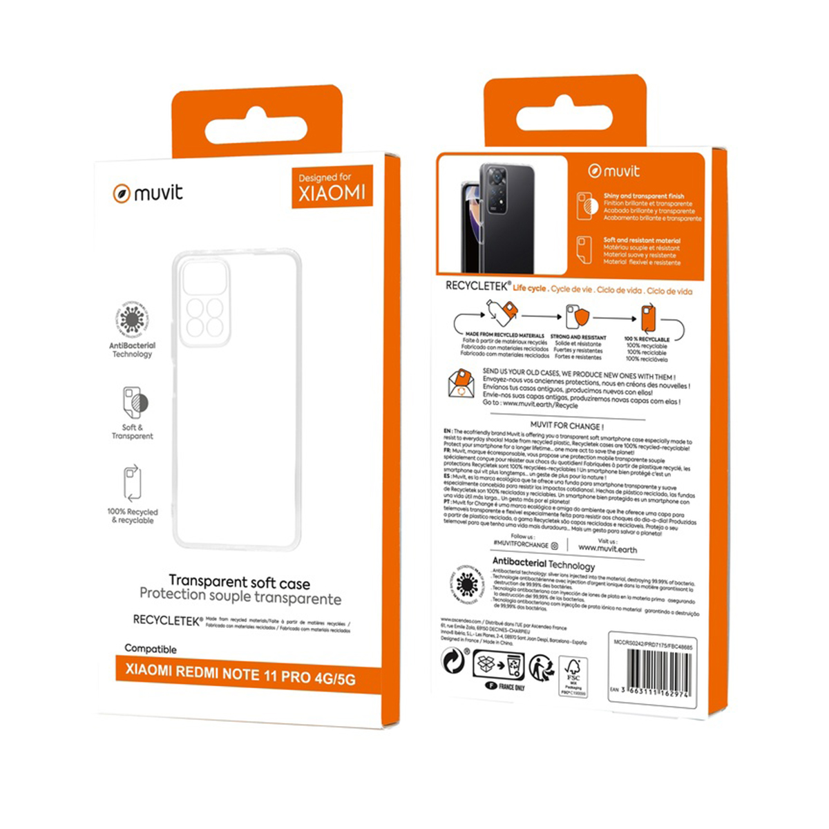 Custodia per telefono Xiaomi Redmi Note 11 Pro 4G/5G. Imballaggio morbido, trasparente e riciclabile al 100%.