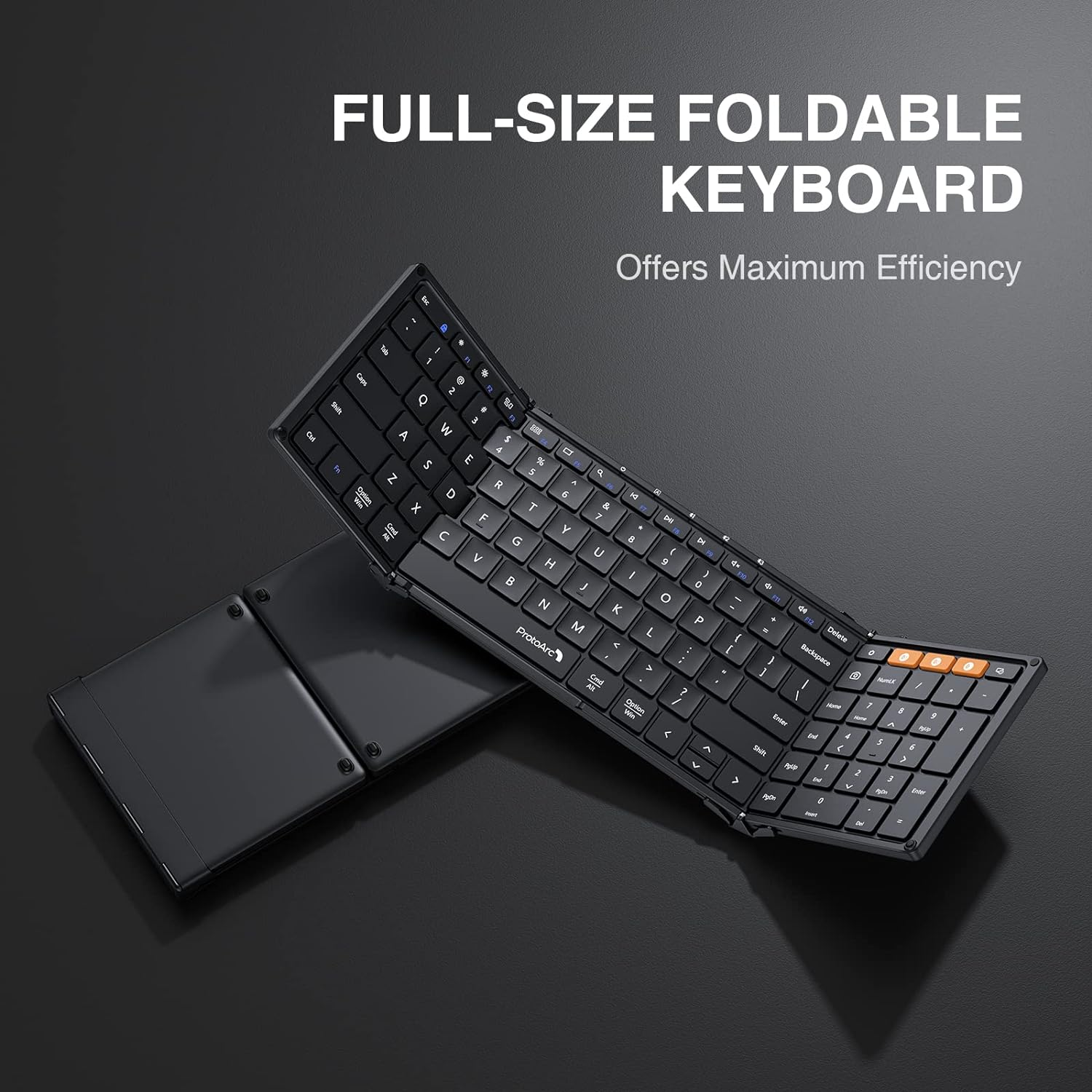 Eine faltbare Tastatur in voller Größe auf dunkler Oberfläche, mit zwei Hälften.