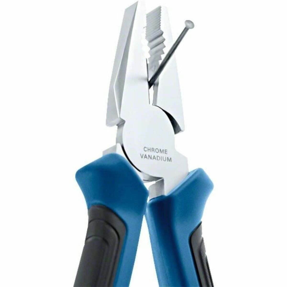 Zange mit blauen Griffen, die einen Nagel halten. Die Zange ist aus Chrom-Vanadium, auf weißem Hintergrund.