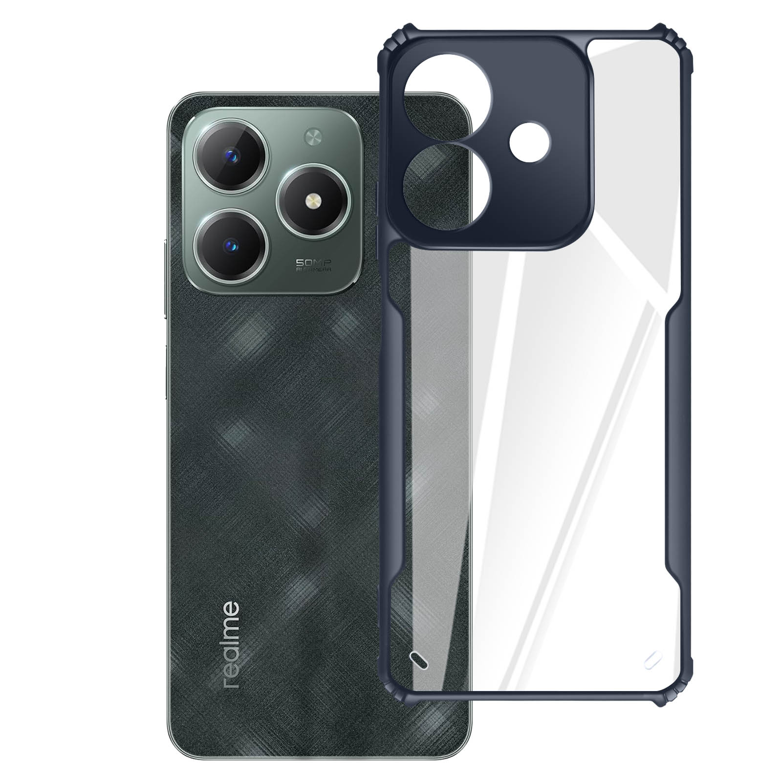 Telefono Realme con custodia. La custodia è trasparente con bordi blu scuro.