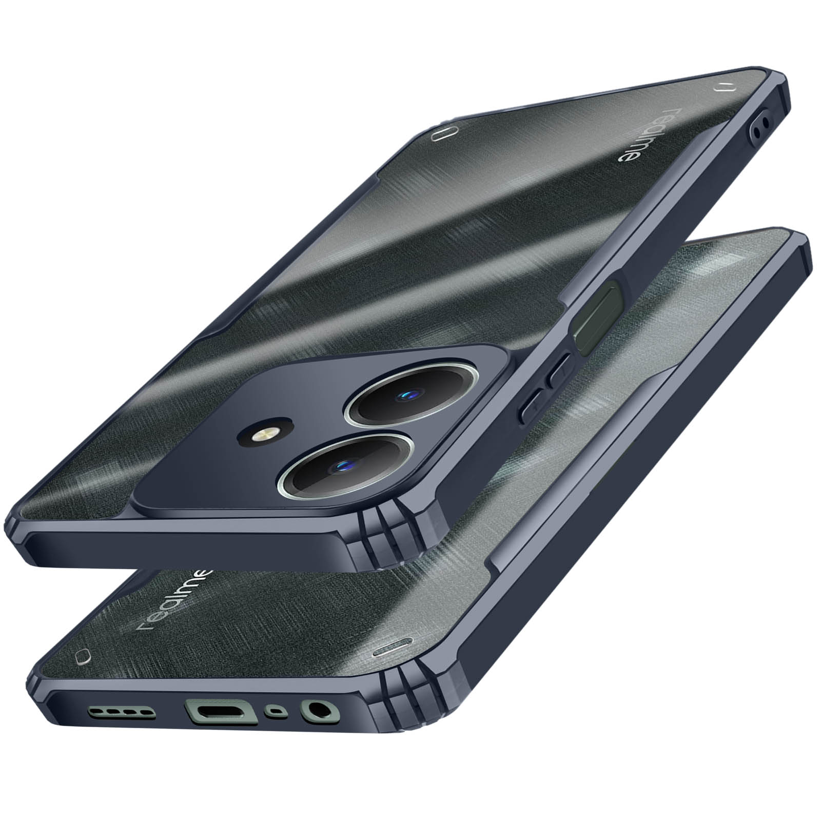 Una custodia per telefono blu scuro, che mostra un telefono all'interno e una seconda custodia a specchio.
