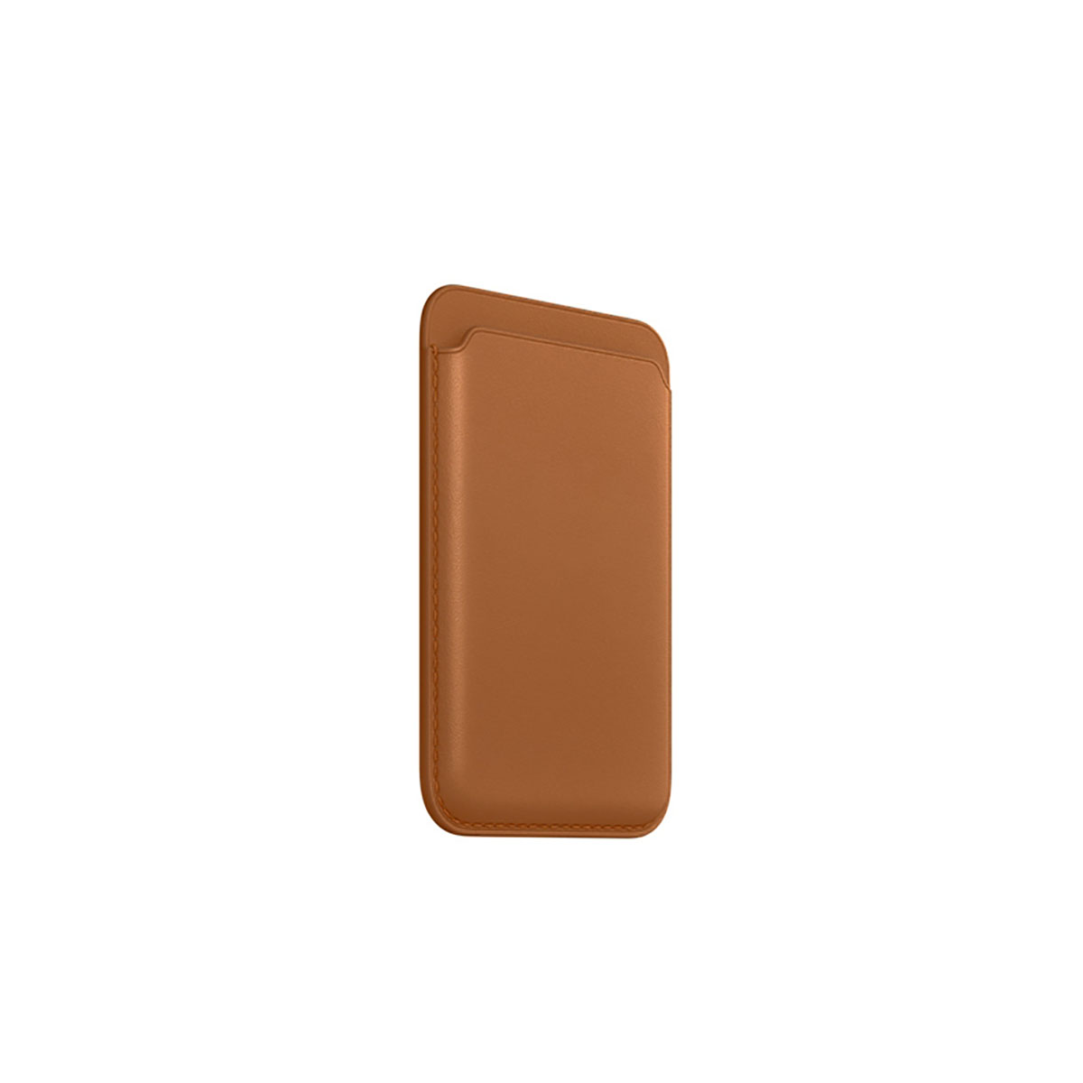 Eine braune, lederne Handy-Geldbörsenhülle, vor weißem Hintergrund gezeigt. Es ist ein einfaches Design.