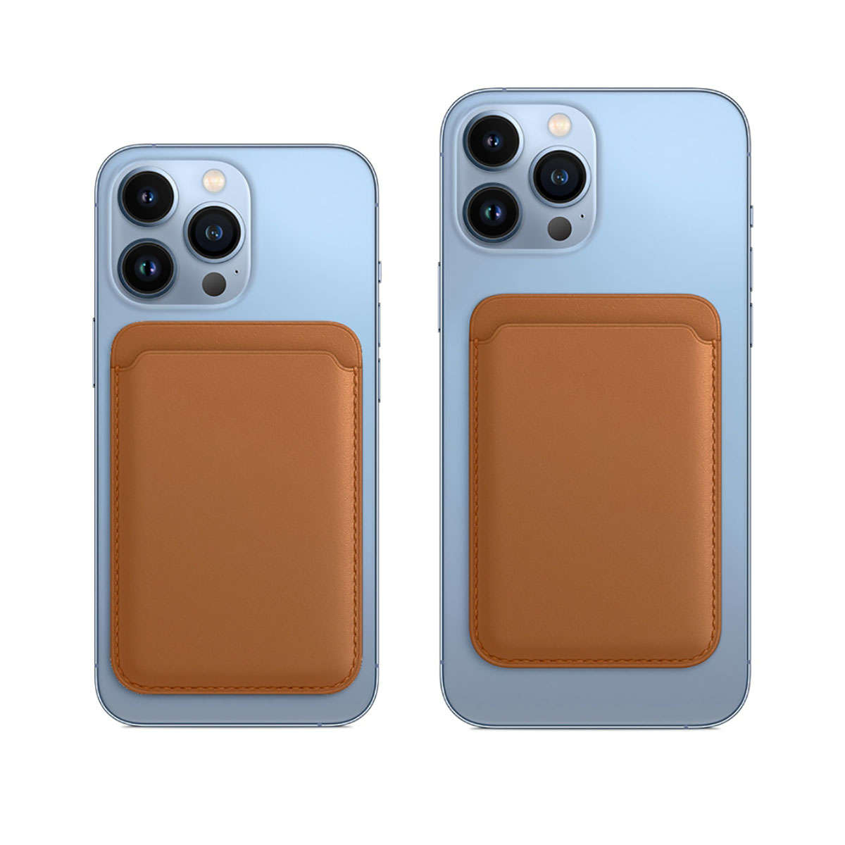 Due dorsi di iPhone con portafogli in pelle marrone attaccati. Entrambi hanno protuberanze della fotocamera e colore azzurro.