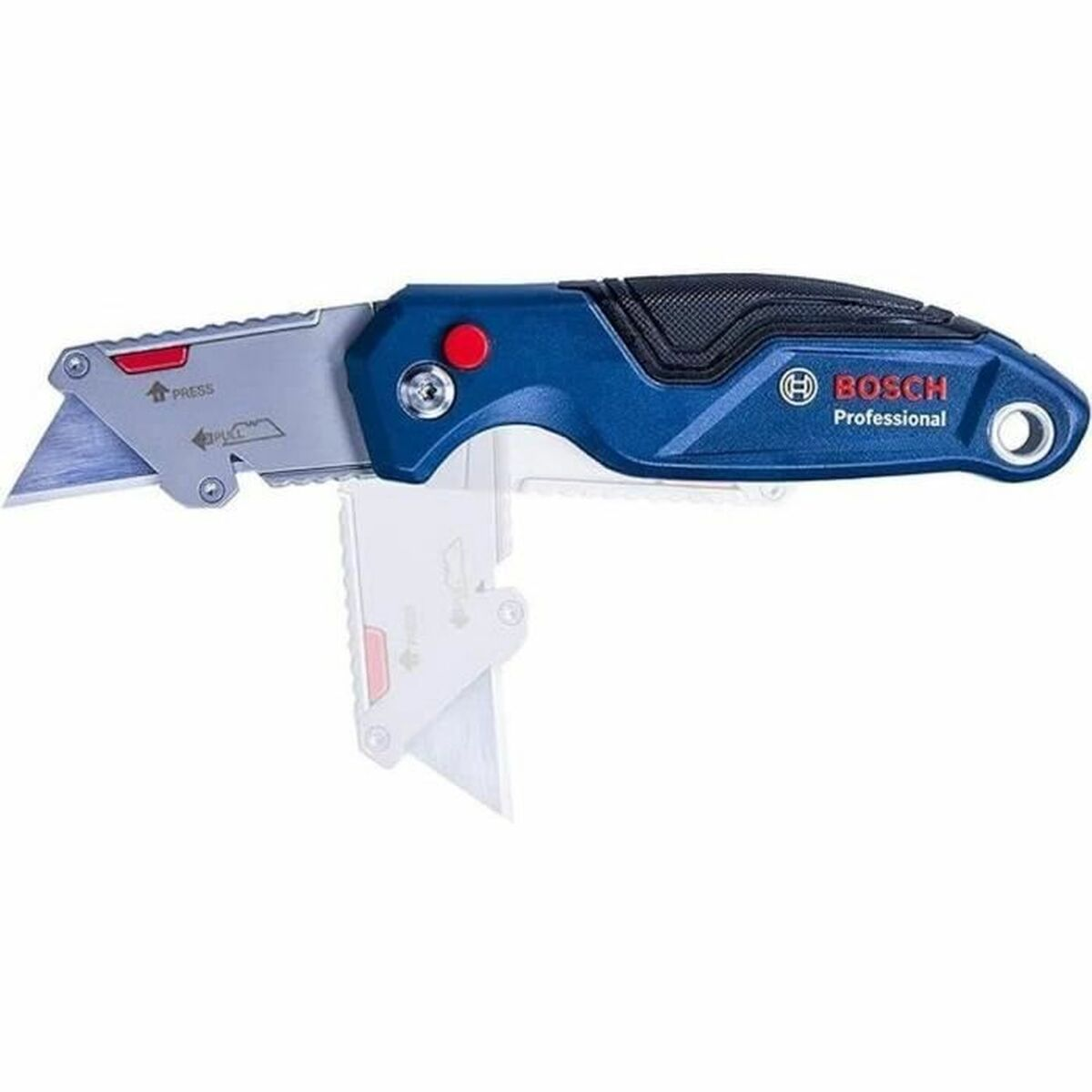Blaues und silbernes Bosch-Universalmesser mit schwarzem Griff, Klinge ausgefahren.