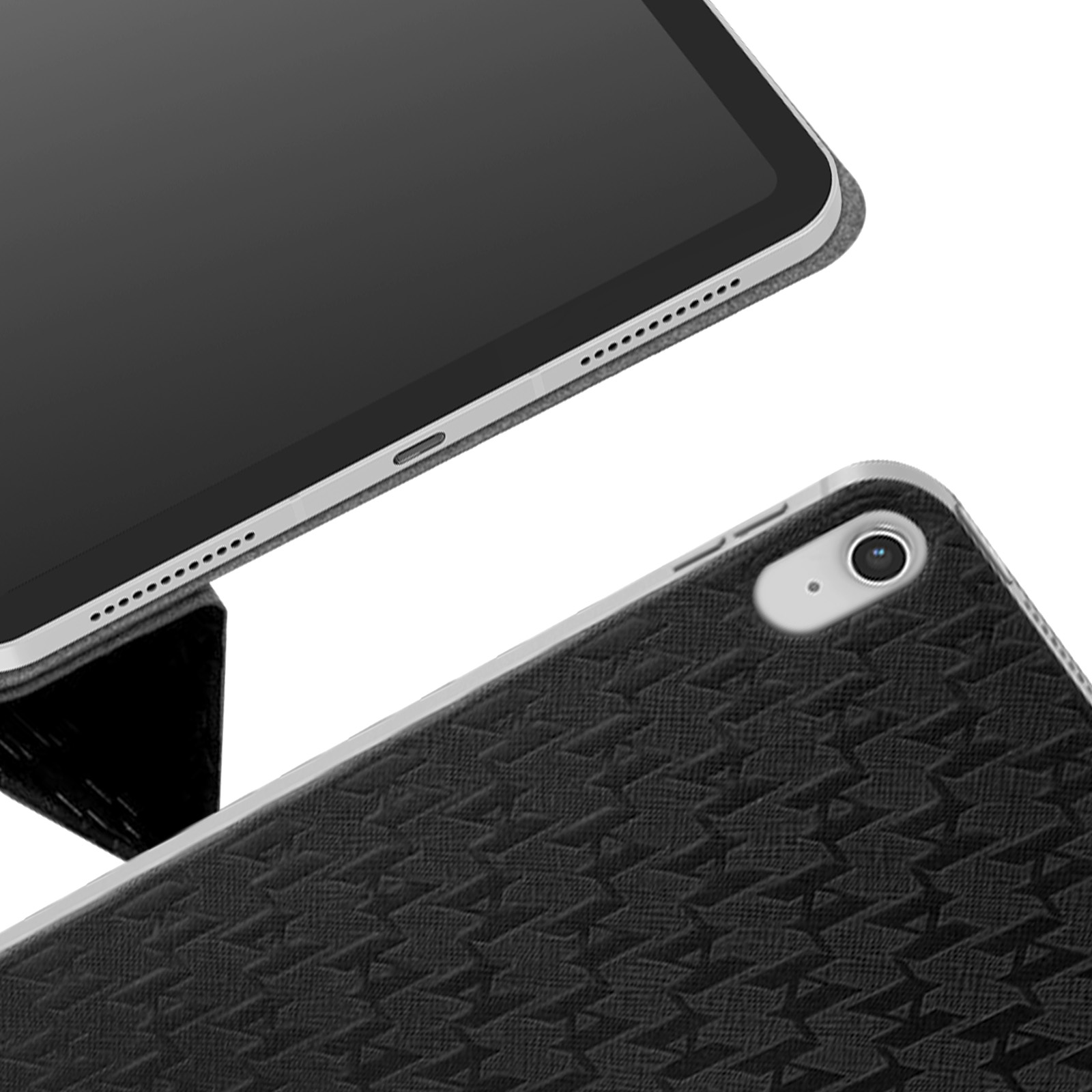 Primer plano de una tableta negra y una funda negra. La funda tiene un patrón geométrico en el exterior.