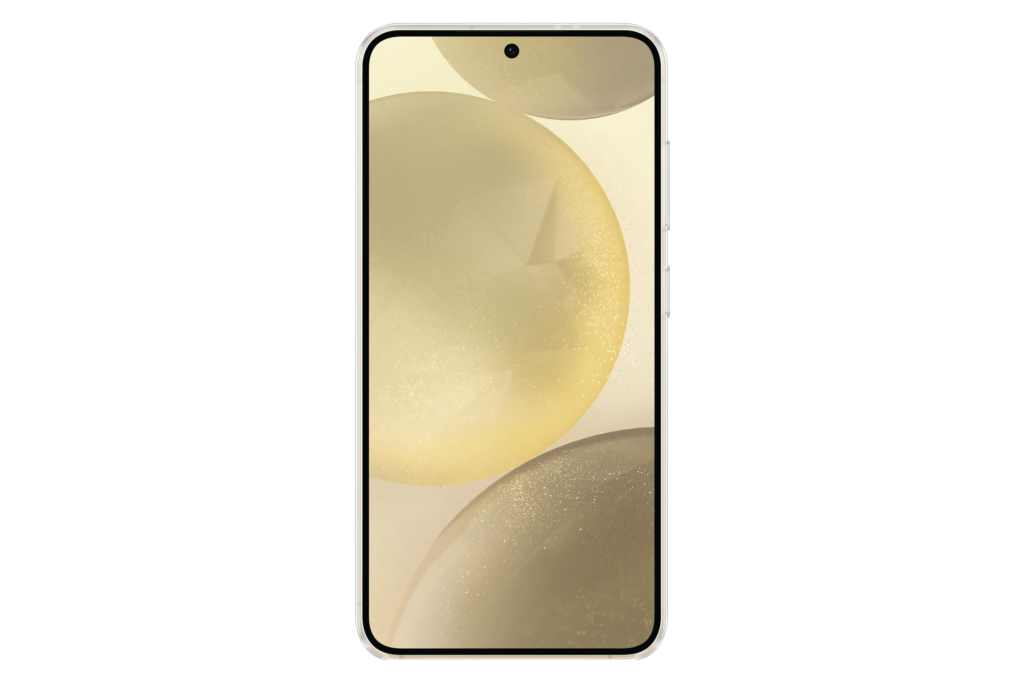 Telefon w przezroczystym etui z rozmytym tłem w kolorze złotym i białym. Ekran telefonu jest czarny.