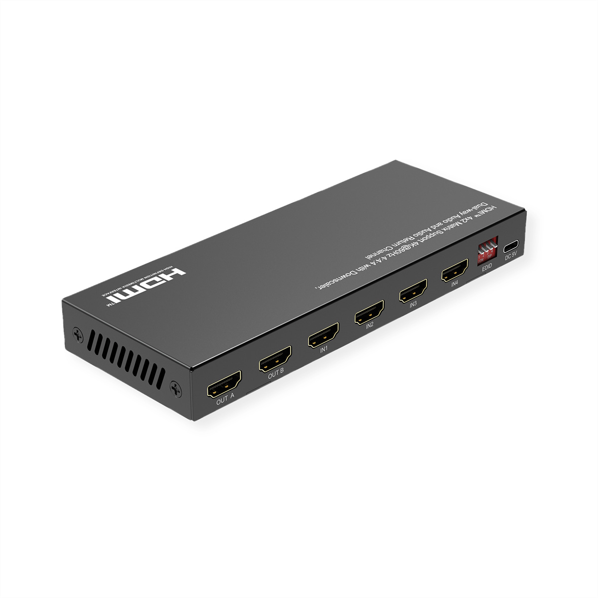 Un commutateur HDMI noir avec plusieurs ports HDMI. Fond blanc.