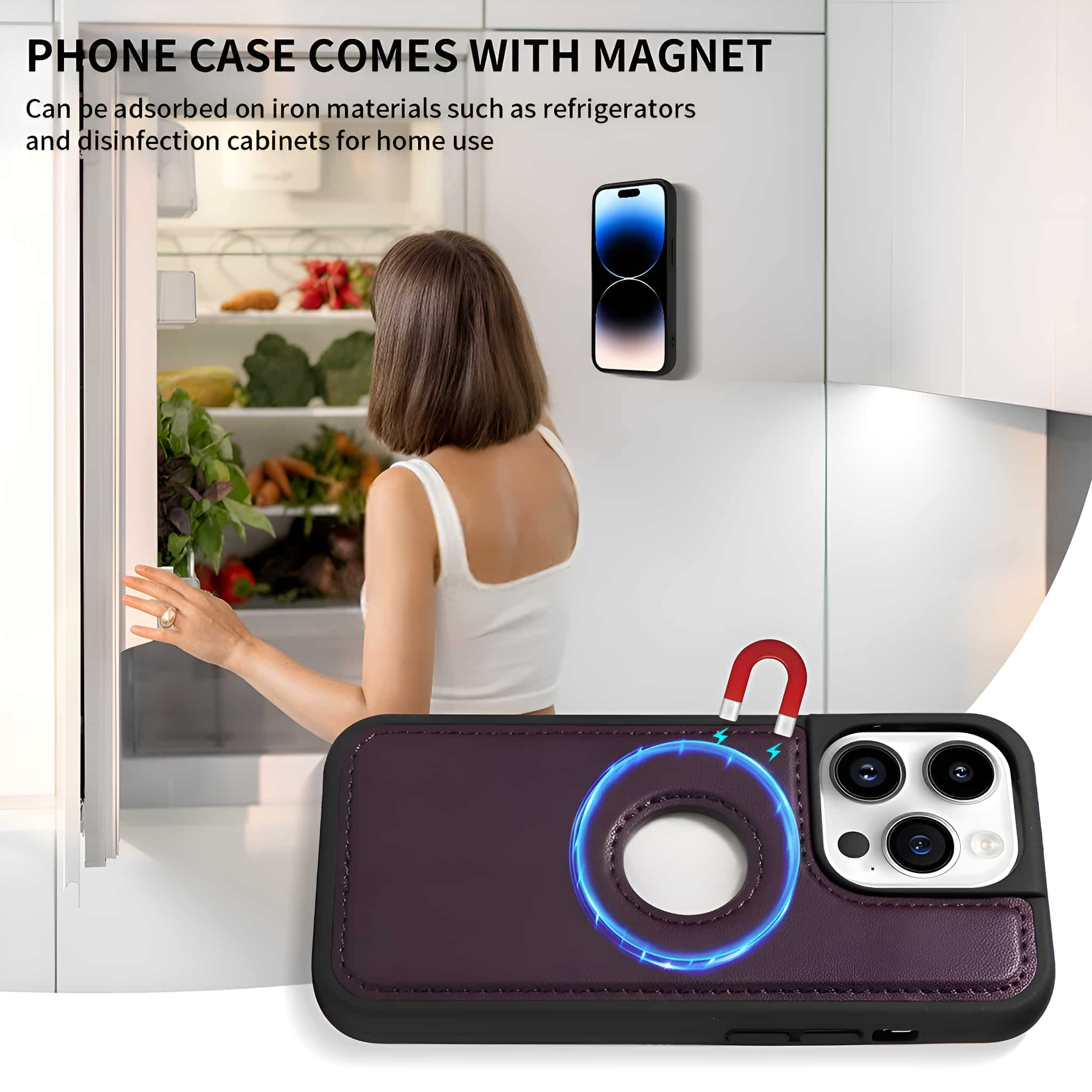 Eine Handyhülle mit Magnet. Ein Telefon ist an einem Kühlschrank befestigt.